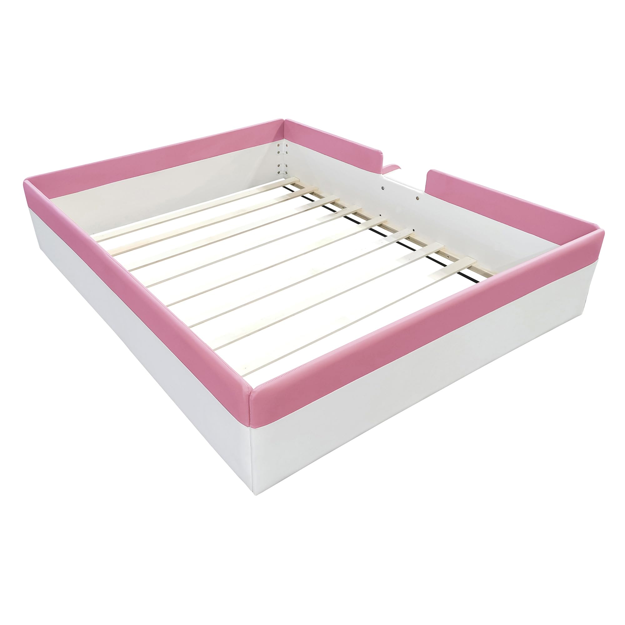 Montessori Full Size Floor Bed with Safety Fence & Stairs - PU Upholstered Kids Bed with Wooden Slats - Toddler Bed for Boys & Girls (Pink & White) - Perfect for Montessori Rooms, Daycare Centers & Safe Toddler Sleeping Spaces