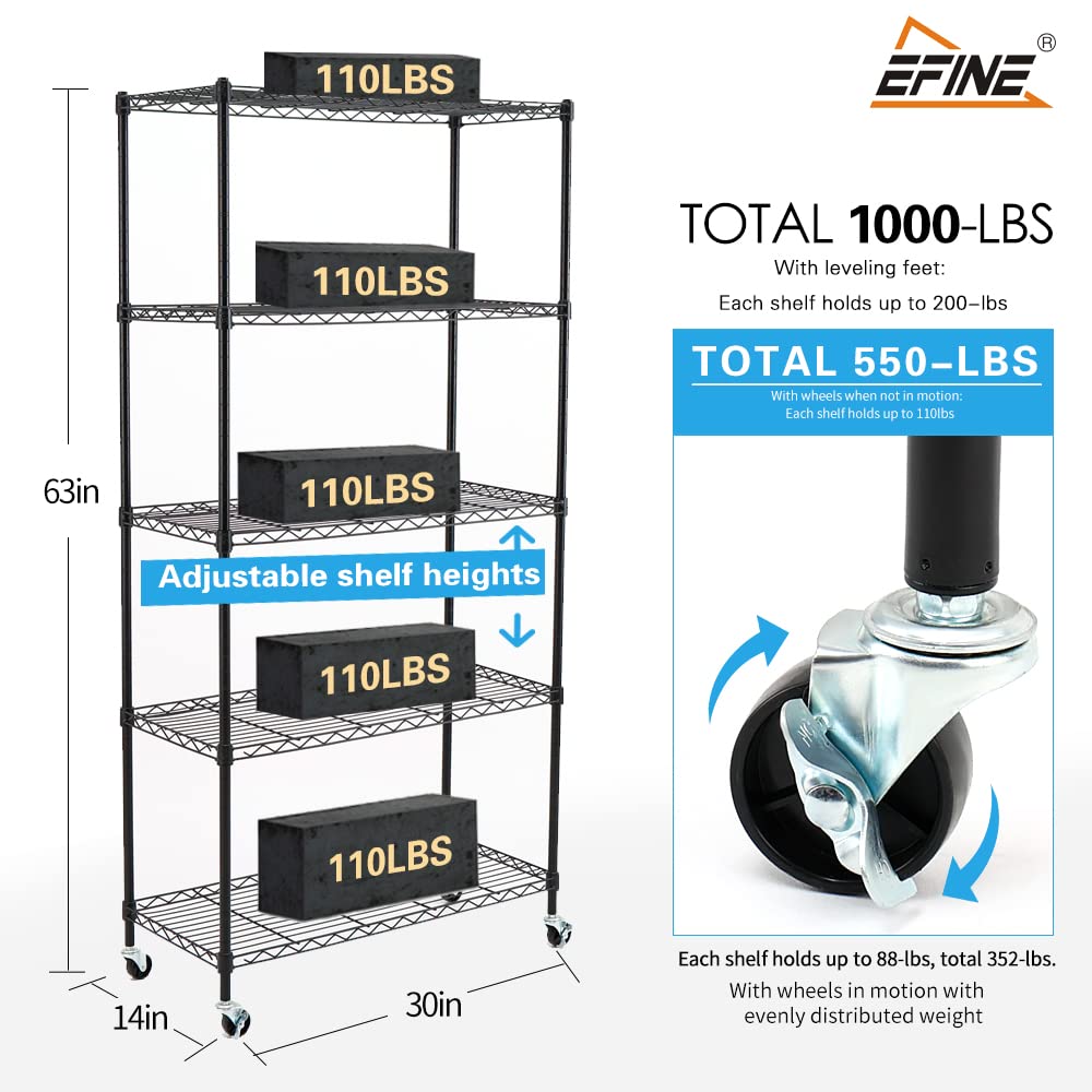 EFINE 5-Tier Adjustable NSF Certified Wire Shelving Unit with Wheels & Shelf Liners - Heavy Duty Carbon Steel Storage Rack for Garage, Kitchen, Office (63