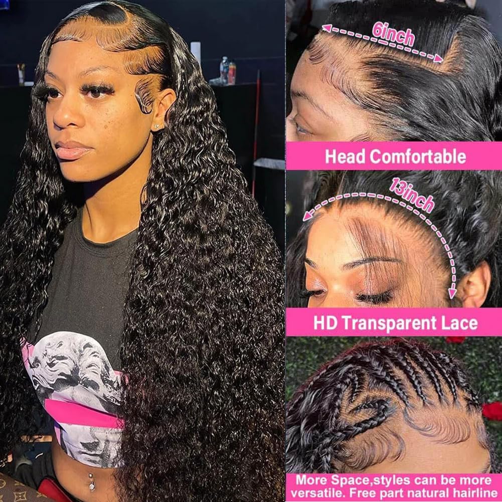 13x6 Deep Wave Lace Front Wigs Human Hair 30 Inch - HD Transparent Lace Frontal Wigs 200% Density Deep Curly Glueless Wigs - Pre Plucked with Baby Hair Natural Black - Perfect for Daily Wear, Cosplay, and Special Occasions