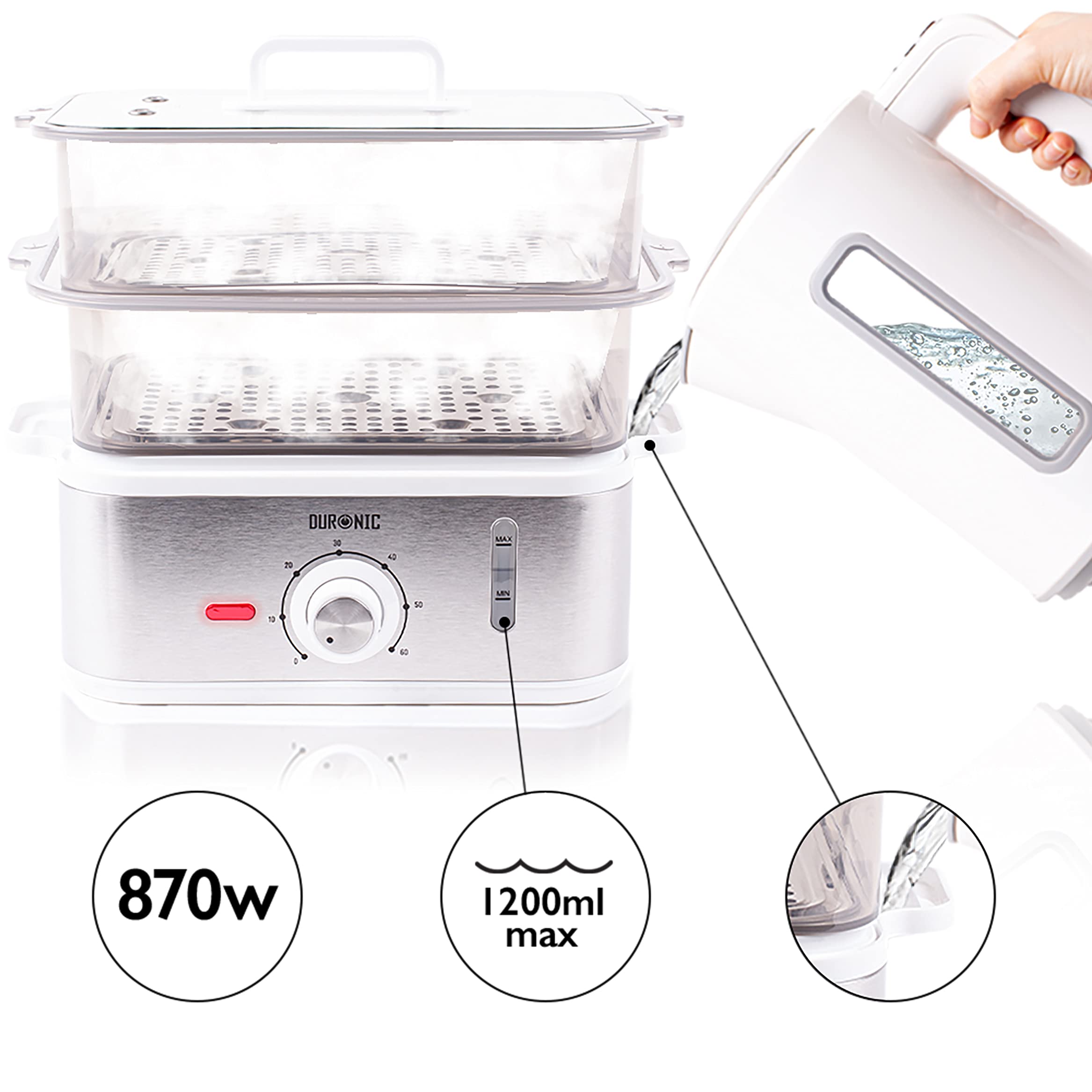 Duronic FS87 3-Tier Electric Food Steamer | 870W BPA-Free Rice & Vegetable Steamer with Timer | Perfect for Healthy Meals, Dumplings & Meal Prep