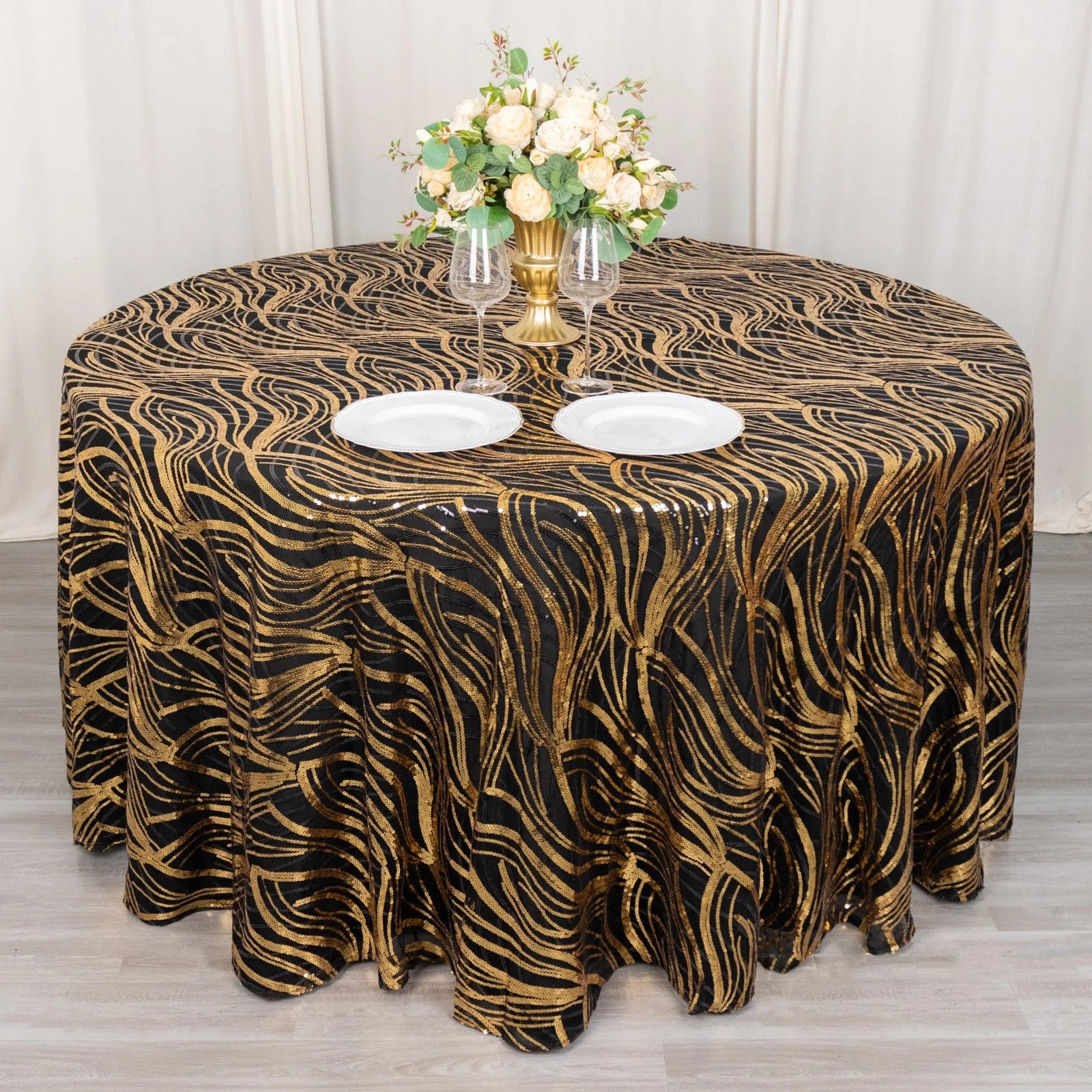 120 Mesh Round Tablecloth with Wavy Embroidered Sequins - Elegant Party Decor for Weddings, Banquets & Special Events