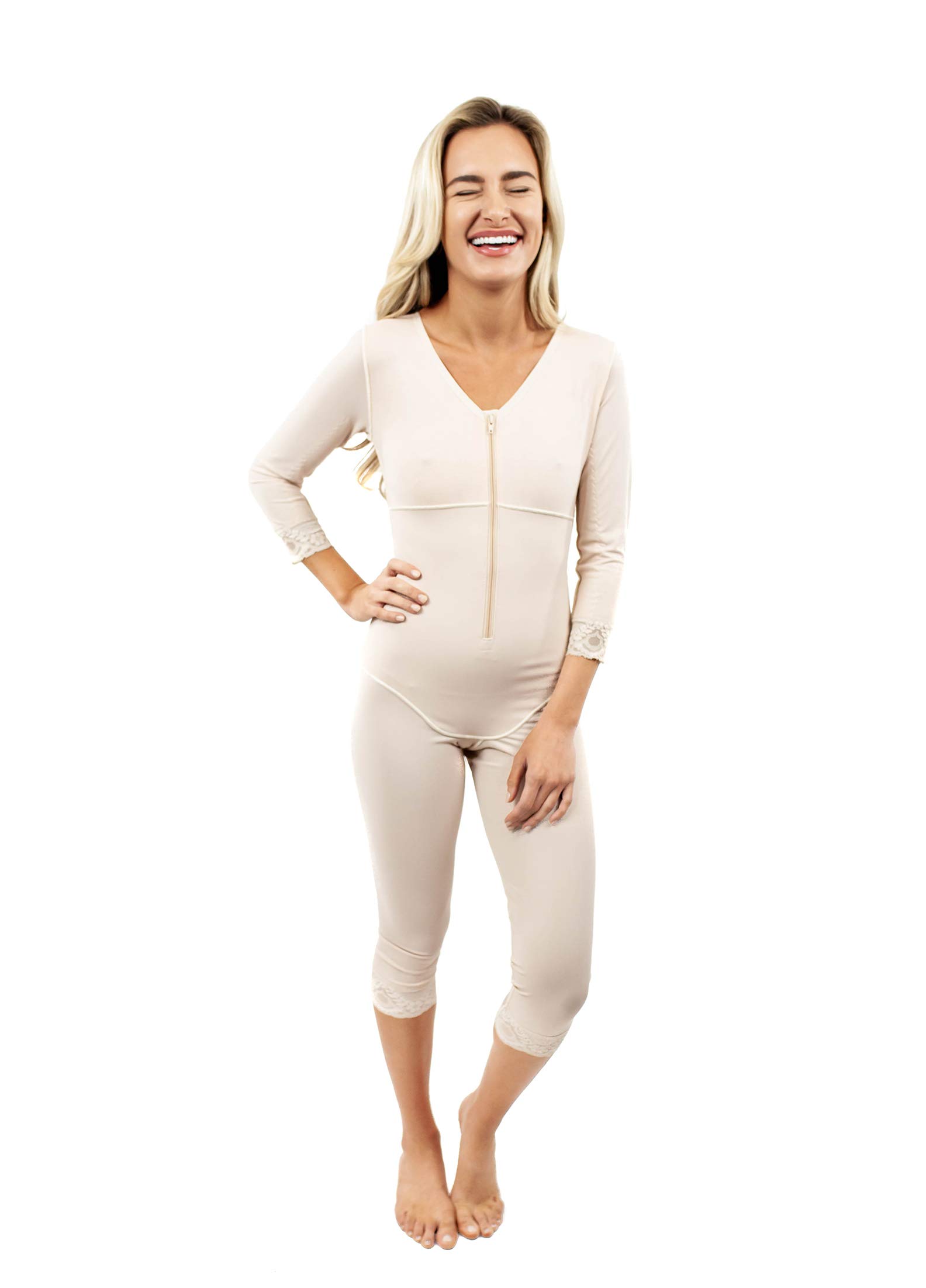 ContourMD Full Body Shaper for Women with Sleeves - Mid Calf Compression Garments in Beige (Size 28S) | Slimming Shapewear for Everyday Wear, Postpartum Recovery & Special Occasions