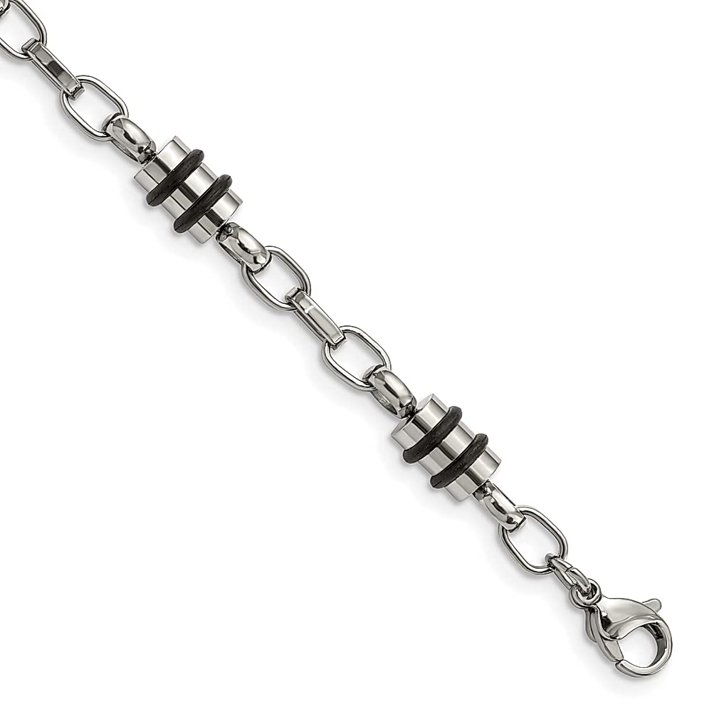 ICE CARATS 8 Inch Stainless Steel Black Rubber Barrel Link Bracelet - Contemporary Fashion Jewelry for Women, Perfect Gift for Her - Ideal for Casual Wear, Office & Special Occasions