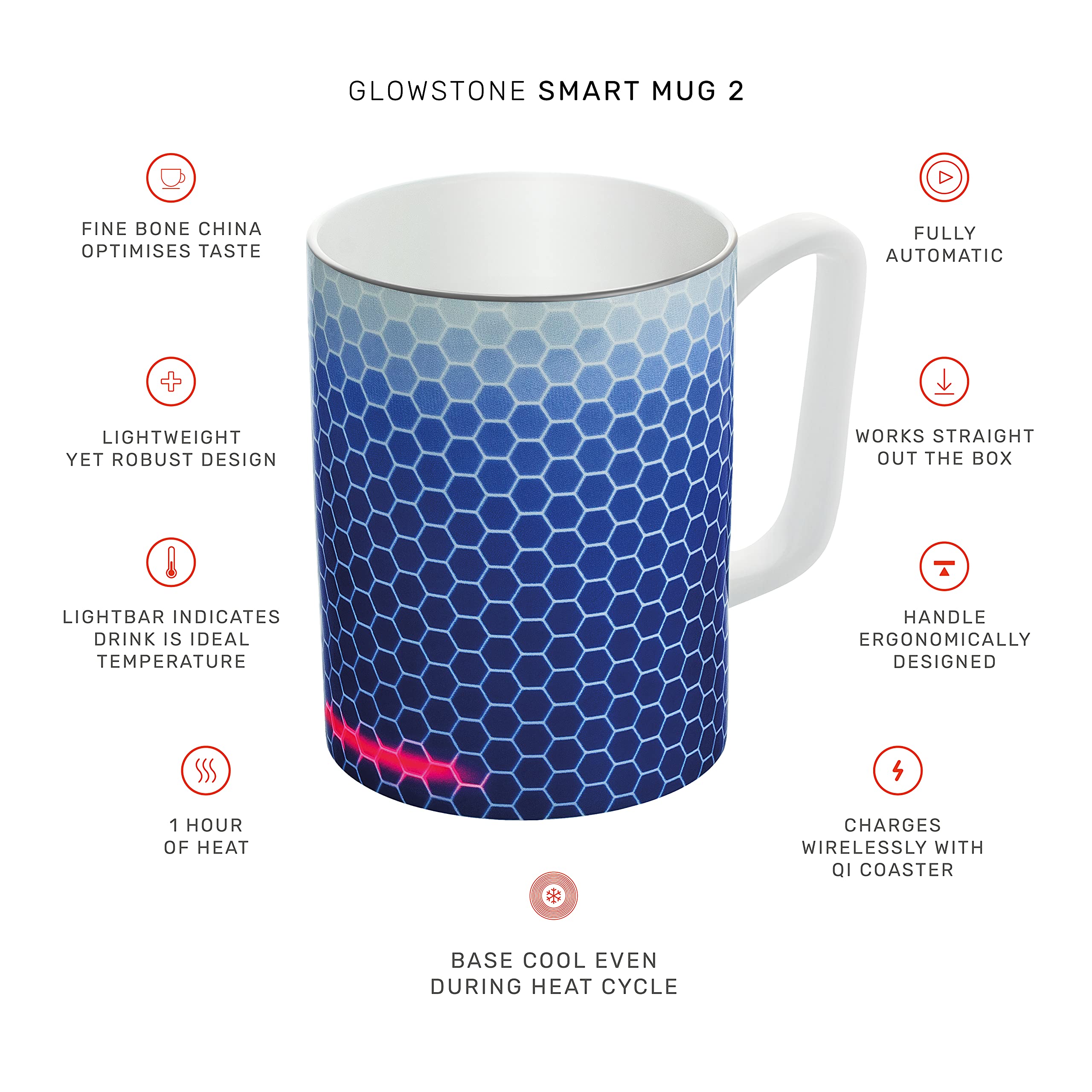 Glowstone Smart Mug – 325ml Self-Heating Ceramic Coffee & Tea Cup with Wireless Charging | Fine Bone China, Dishwasher Safe | Perfect for Office, Home & Travel Use