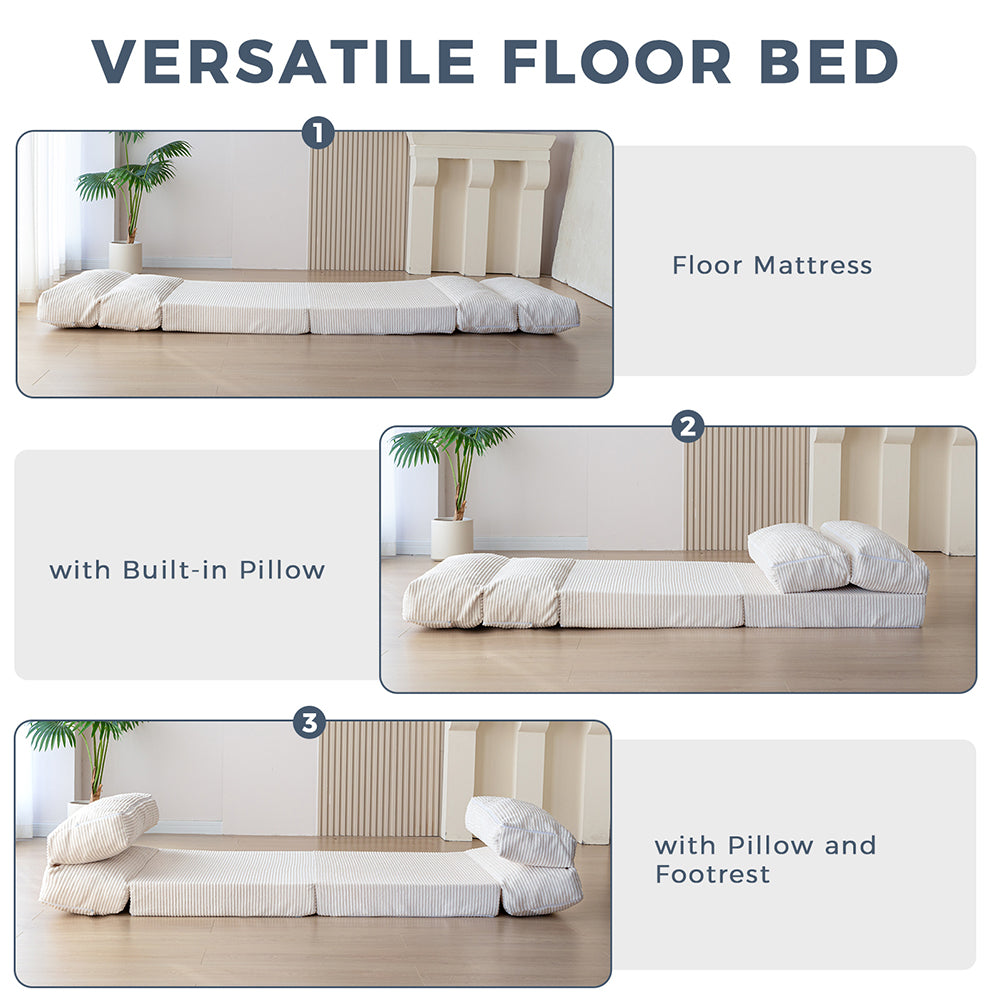 MAXYOYO Folding Sofa Bed - Convertible Corduroy Floor Sofa in Beige | Space-Saving Guest Bed & Lounge Chair for Small Apartments, Dorms & Living Rooms