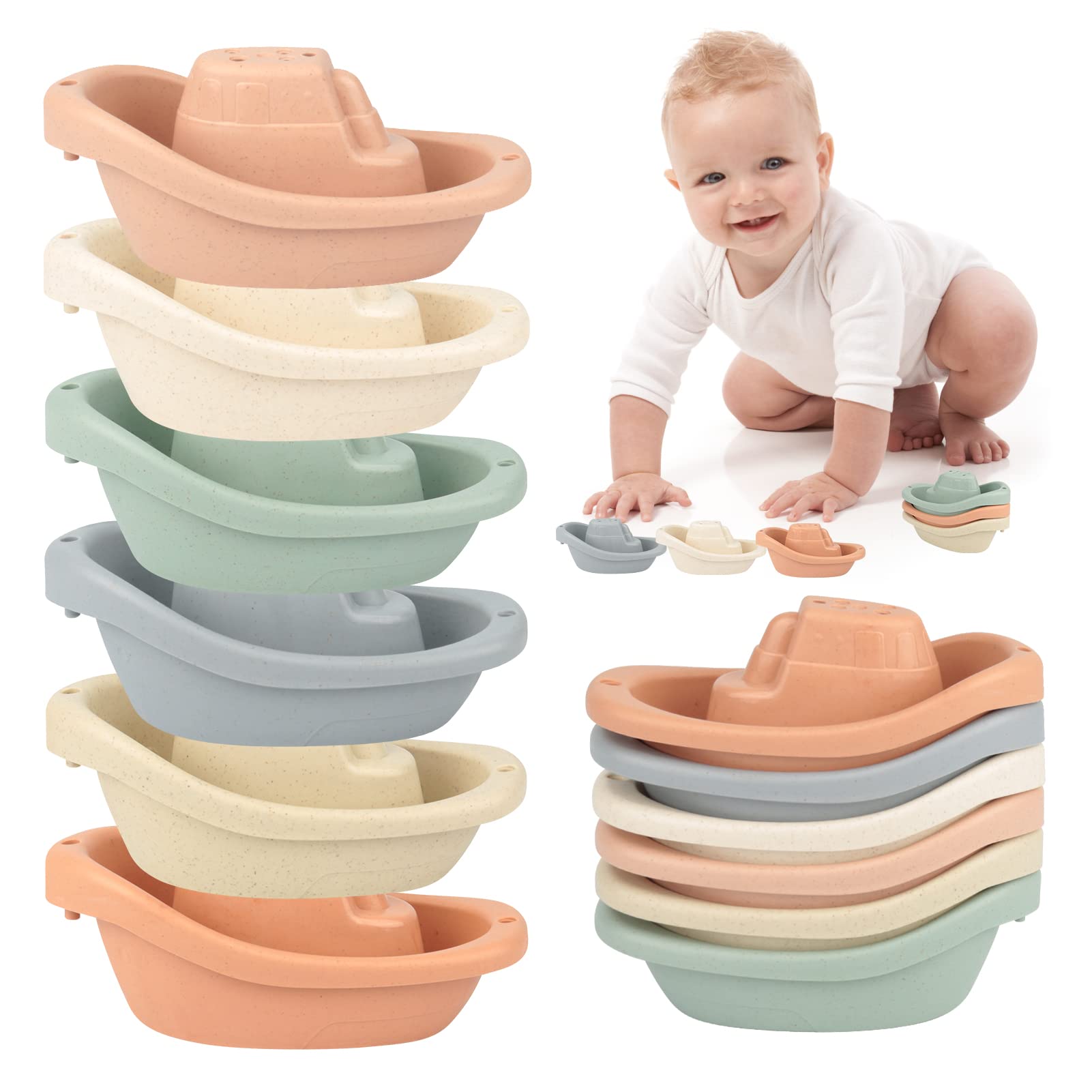 YTFU Stacking Boats Bath Toys for Toddlers - 6 Pack Eco-Friendly Wheat Straw Bathtub Toys | Mold-Free, Stackable Baby Bath & Pool Toys for Kids | Perfect for Bathtime, Beach & Outdoor Water Play