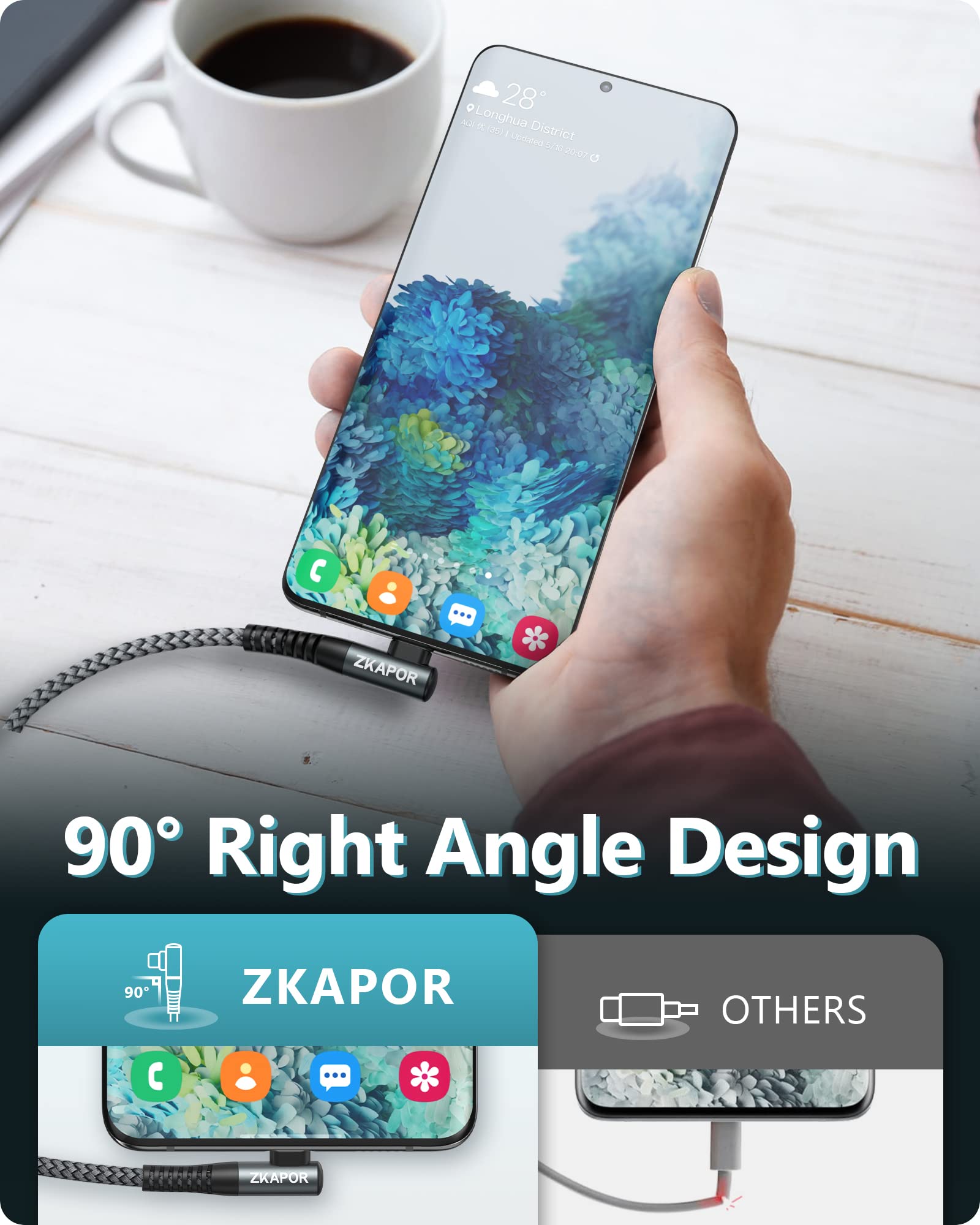 ZKAPOR Right Angle USB C Charger Cable 30CM - Fast Charging Nylon Type C Cable Compatible with iPhone 15/15 Pro Max, Samsung Galaxy S23/Note 10, Huawei P40, Google Pixel - Perfect for Travel, Gaming & Car Charging
