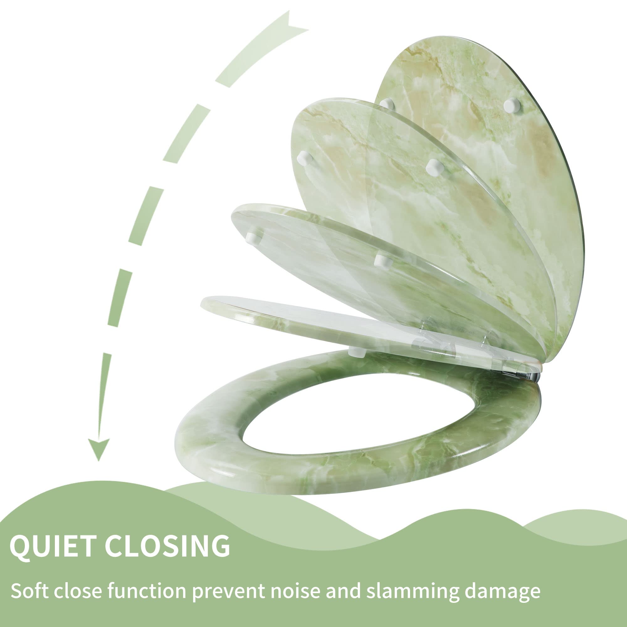 Durable Molded Wood Elongated Toilet Seat with Quiet Close, Easy Clean & Quick-Release Hinges - Green Marble Design | Perfect for Bathroom Upgrade, Home Renovation & Modern Decor