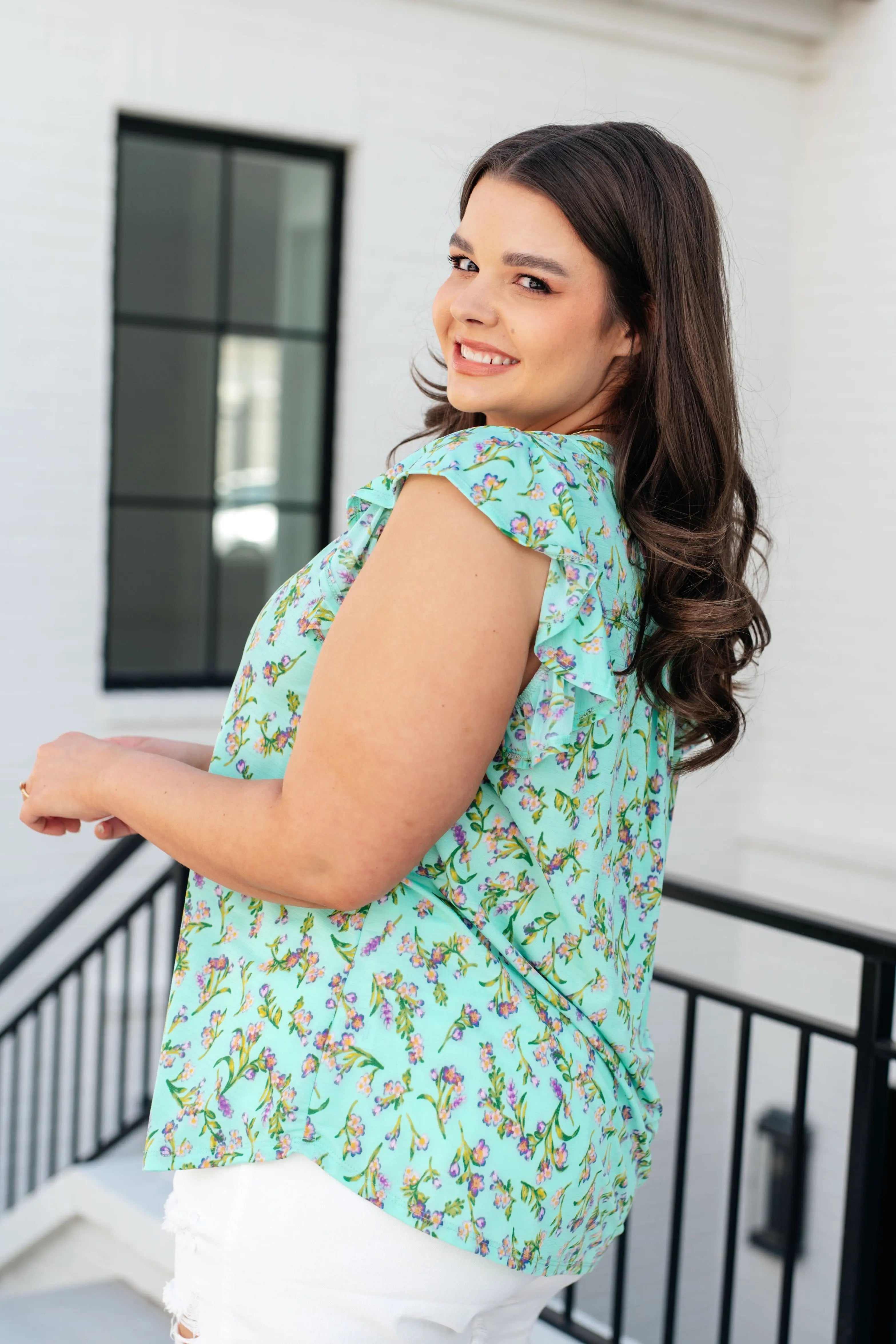 Lizzy Flutter Sleeve Top - Women's Emerald Green Blouse with English Rose Print | Perfect for Casual Wear, Date Nights & Spring Outfits