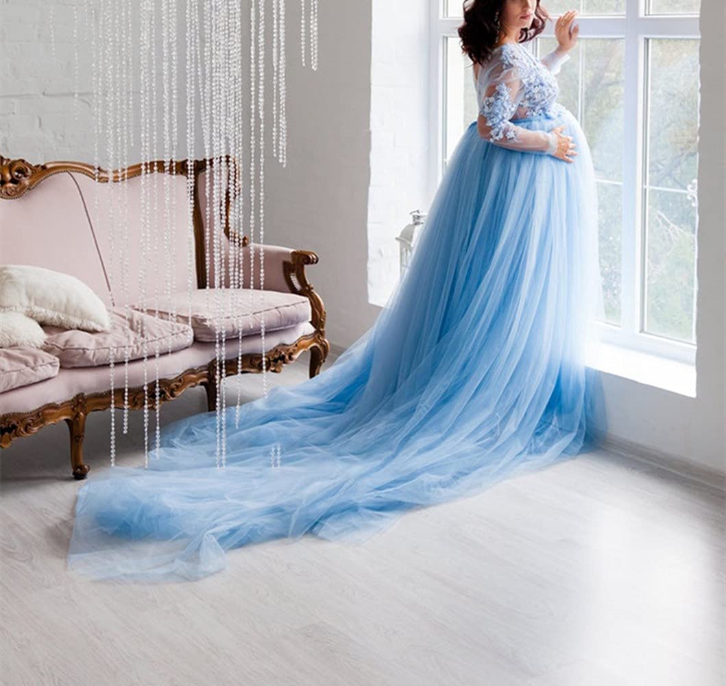 Elegant Maternity Tulle Bathrobe Dress for Photoshoot - Sexy V-Neck Long Lace Gown with Flowing Train | Perfect for Maternity Photos, Bridal Shower & Boudoir Photography