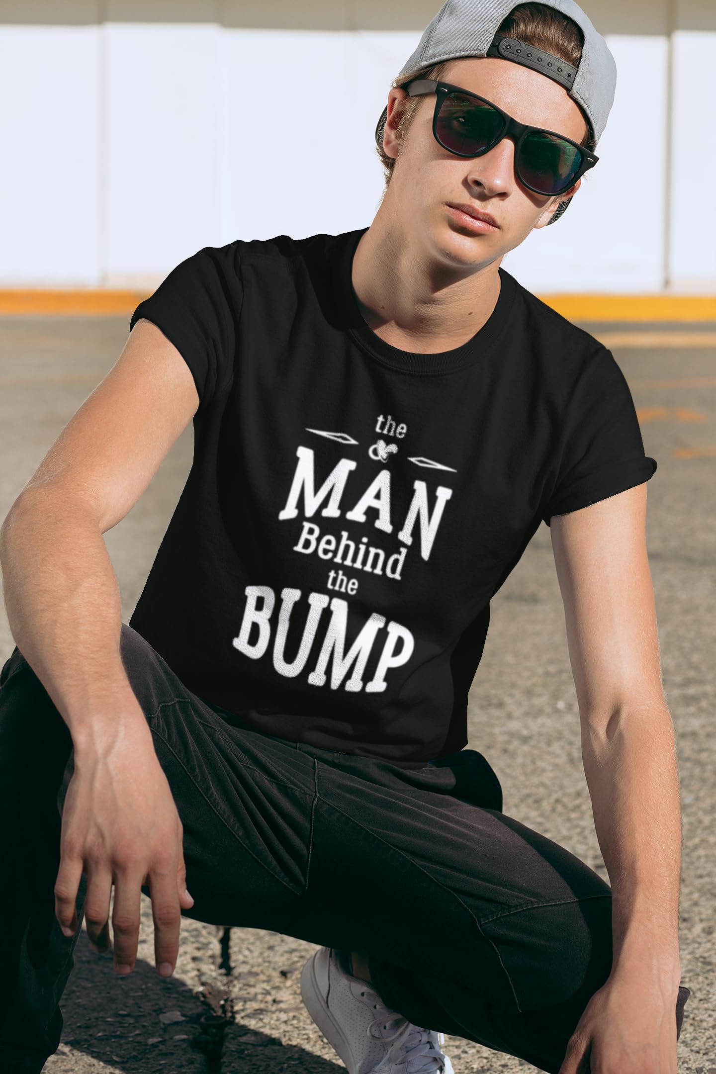 Pop Threads 'The Man Behind The Bump' Funny Dad Graphic T-Shirt for Men - Perfect Father's Day Gift & Pregnancy Announcement Tee for Expecting Dads