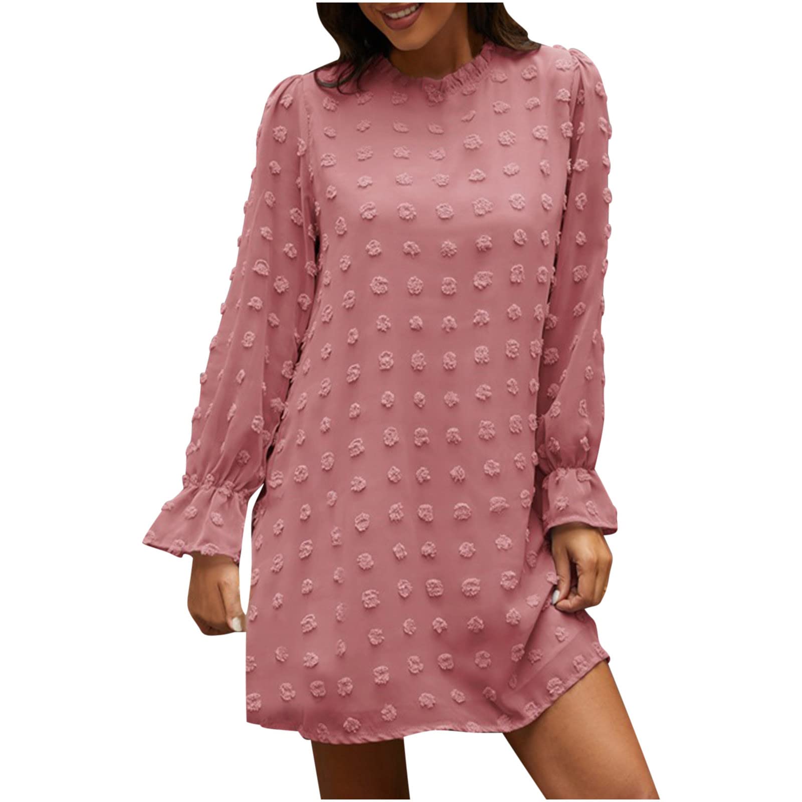 MIANHT Women's Casual Long Sleeve Jacquard Mini Dress - Round Neck Solid Color Sundress for Wedding Guest, Summer Party & Beach Outings