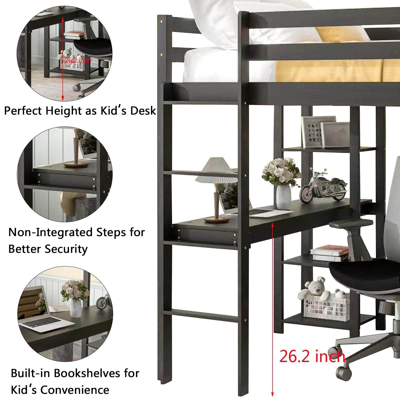 Full Size Loft Bed with Desk & Storage - Wooden High Loft Bed Frame with Shelves, Guardrail & Ladder - Study & Sleep Space Saver for Kids & Teens - No Box Spring Needed (Espresso) - Perfect for Small Bedrooms, Dorms & Studio Apartments