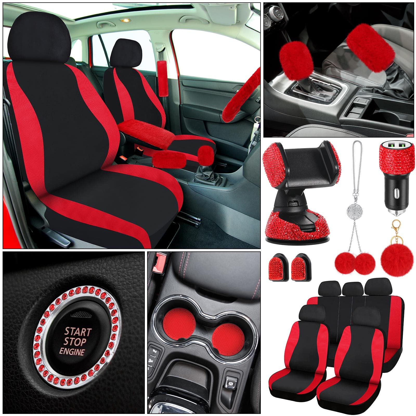 24-Piece Luxury Red Car Seat Cover Set for Women - Full Front & Rear Seat Covers with Fluffy Steering Wheel Cover, Crystal Decorated Seat Belt Shoulder Pads, Bling Car Phone Holder & Hooks - Perfect for Daily Commute, Road Trips & Gift Giving