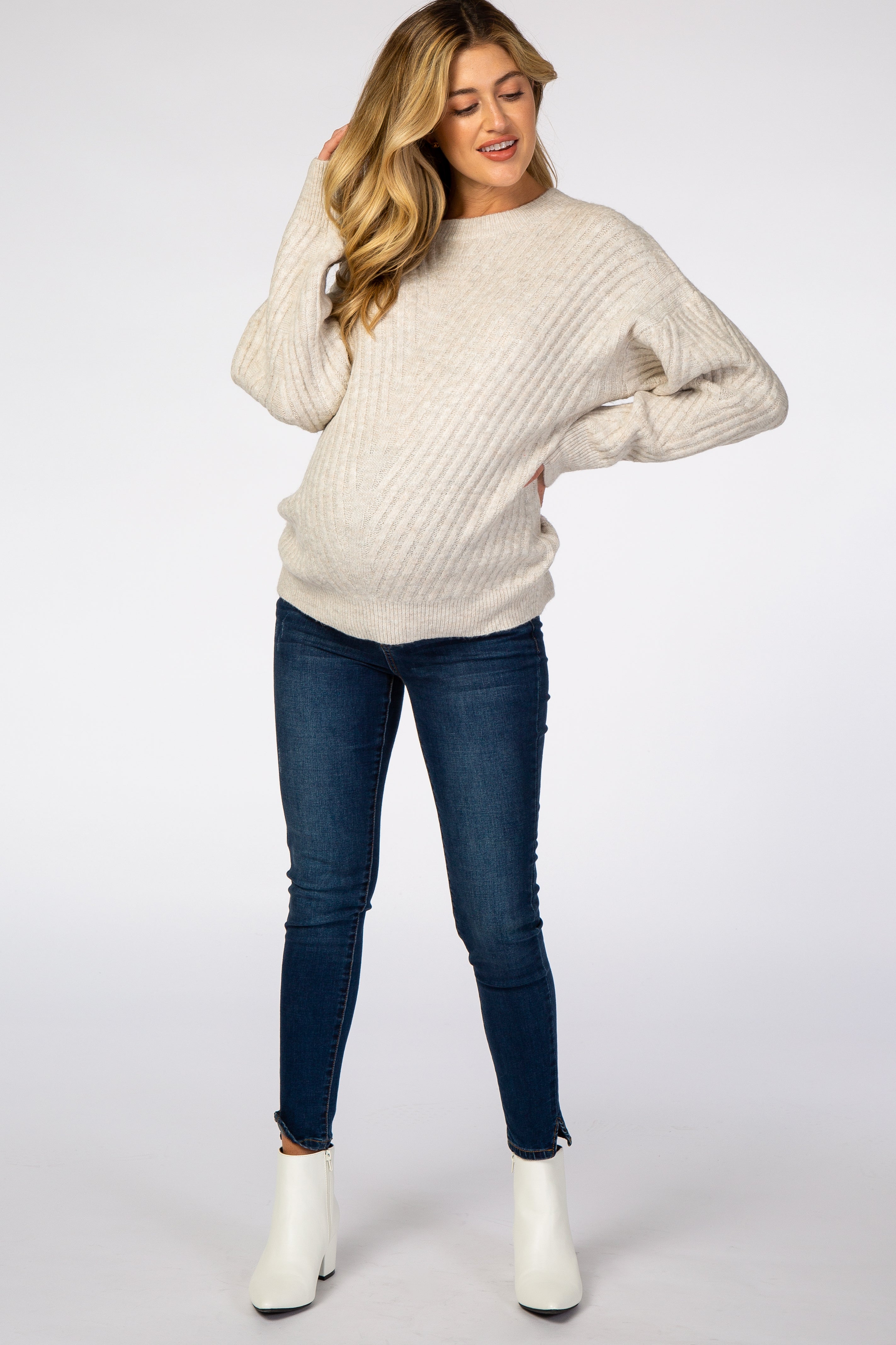 Soft Beige Ribbed Maternity Sweater for Women - Cozy Brushed Knit Pregnancy Top for Casual Wear & Nursing Comfort