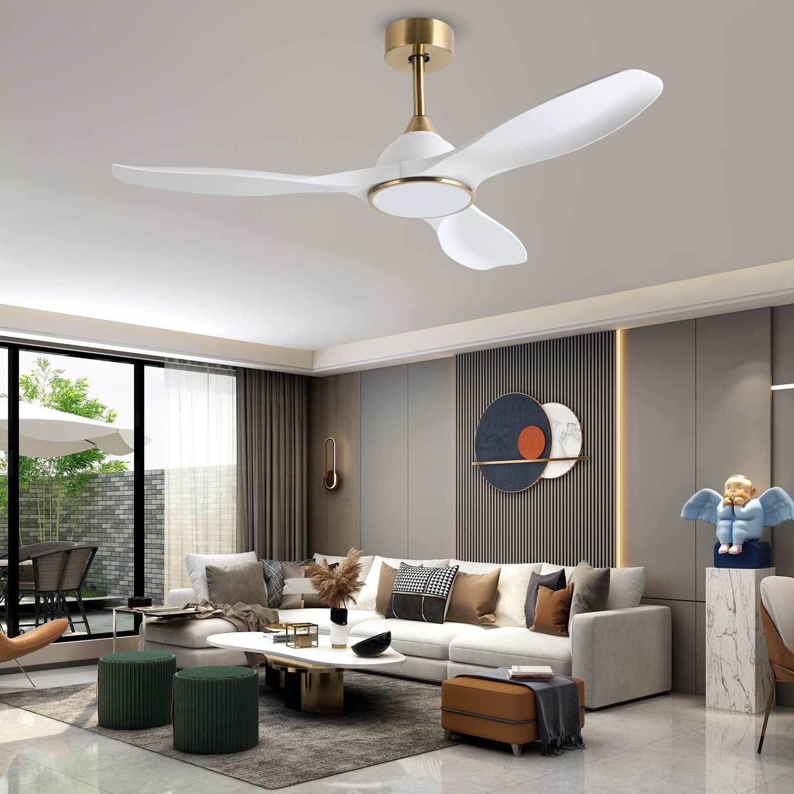 52 Inch 6-Speed High CFM Quiet DC Motor Modern Ceiling Fan with LED Light and Remote Control - 3 Blade White Gold Indoor Ceiling Fan for Bedroom, Living Room, Dining Room, and Office - Energy Efficient Cooling with Stylish Design
