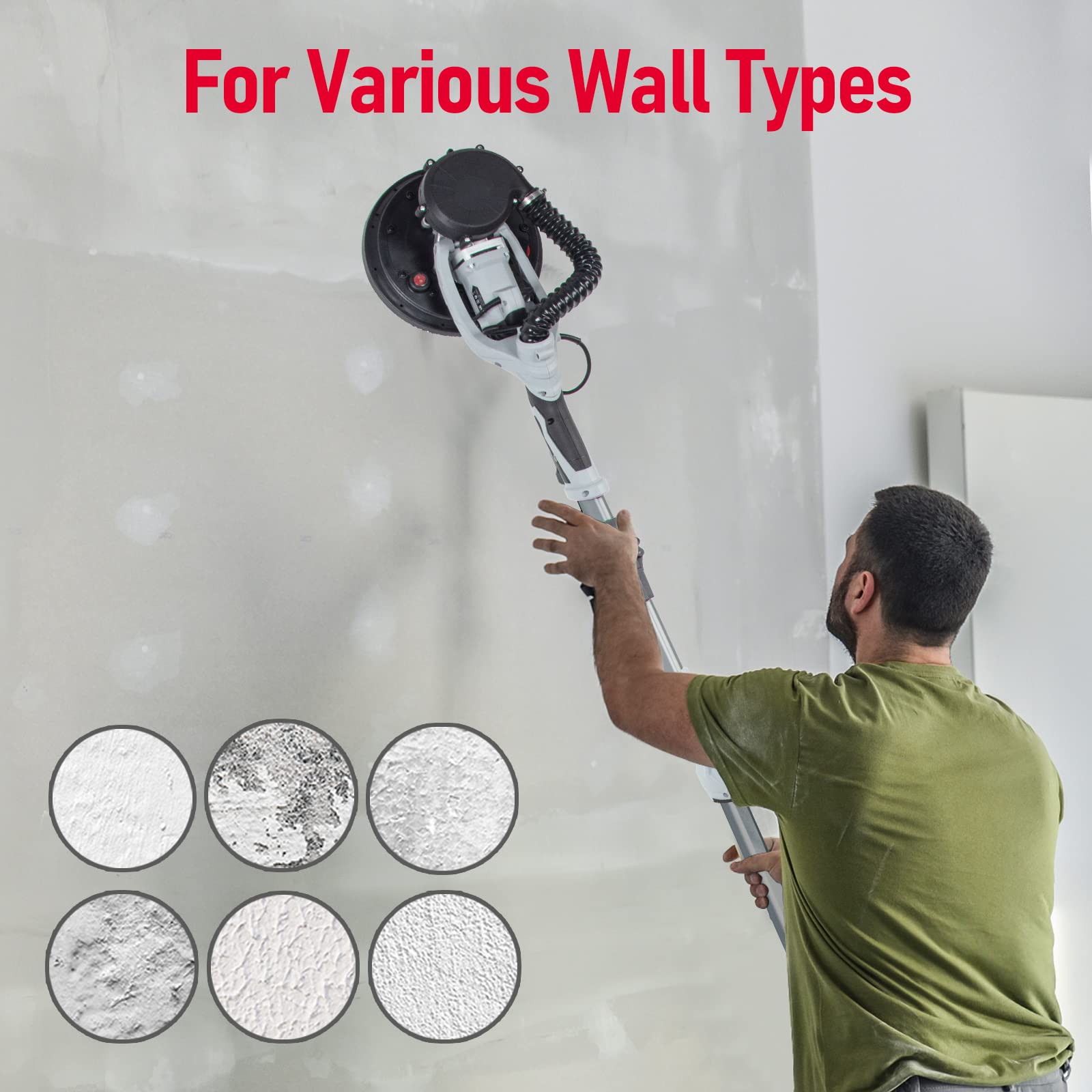 Garvee 800W Electric Drywall Sander with LED Light - Variable Speed 800-1800RPM, Extendable Handle & 6 Sanding Discs - Automatic Dust Removal System & Carrying Bag - Perfect for Wall Repair, Home Renovation and Professional Construction Projects