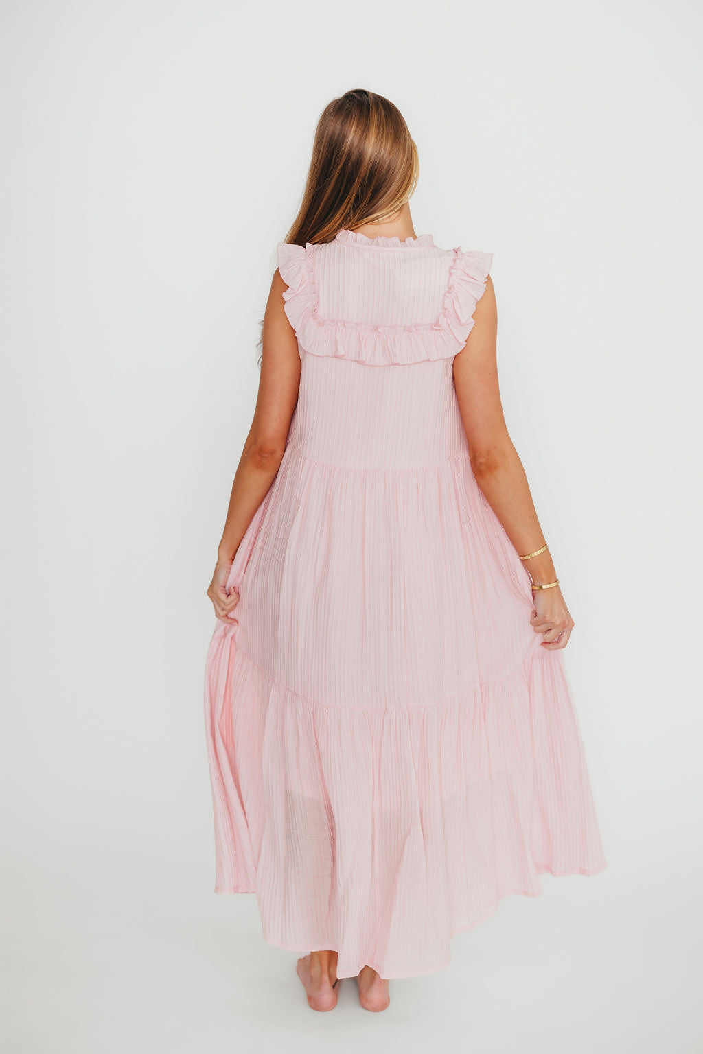 Brynn Ruffle Tiered Midi Dress for Women - Flowy Pink Summer Dress with Ruffled Hem | Perfect for Beach Vacations, Date Nights & Garden Parties