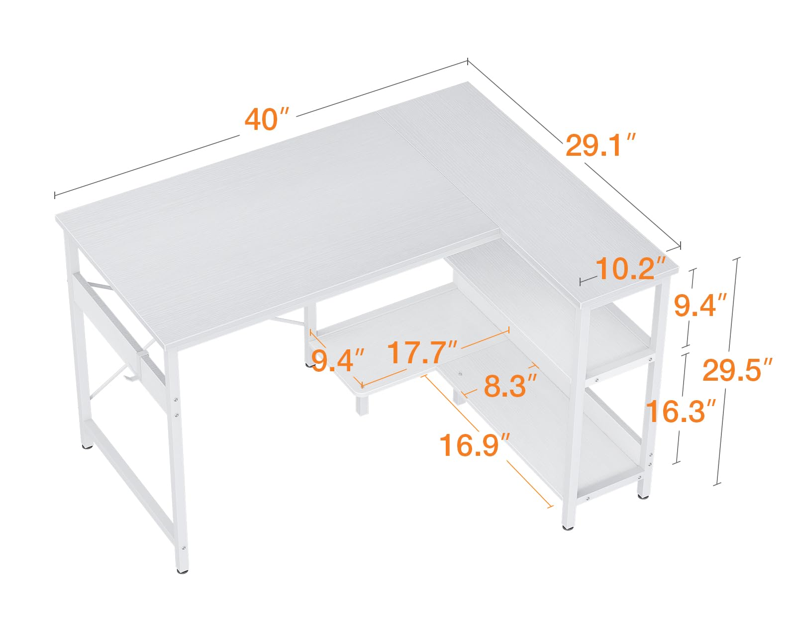 40 Inch Small L-Shaped Computer Desk with Reversible Storage Shelves - Modern Corner Writing Study Table with Iron Hook, White - Perfect for Home Office, Gaming & Small Spaces