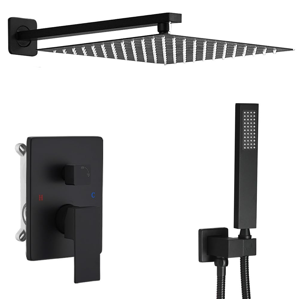 Luxury Matte Black Shower System - 10 Inch Rainfall Shower Head & Handheld Combo Set with Wall Mount Faucet, Valve & Trim | Perfect for Modern Bathroom Renovation & Spa-Like Shower Experience