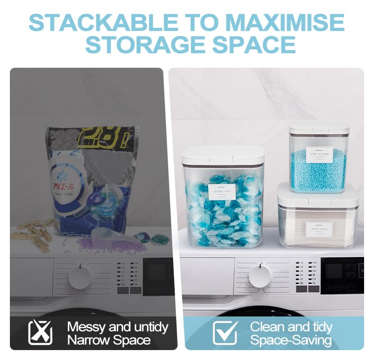 3 Pack Airtight Laundry Powder Containers & Dryer Sheet Holder with Lids & Labels - Laundry Room Organization Storage Jars for Pods, Scent Beads, Detergent Balls - Perfect for Laundry Room, Closet & Home Organization