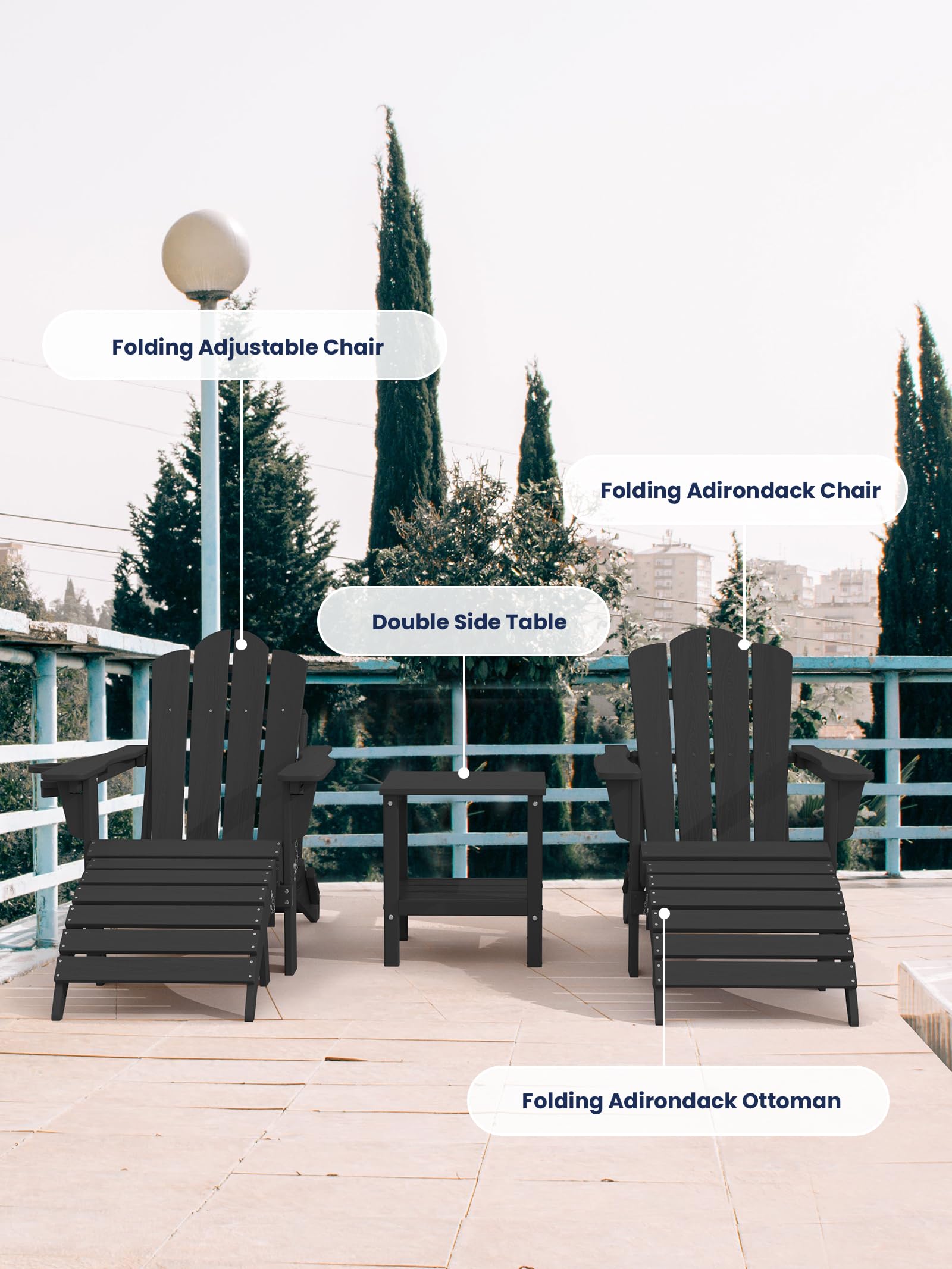 KINGYES Folding Adirondack Ottomans Set of 2 - Black Outdoor Patio Furniture for Adirondack Chairs | Perfect for Poolside, Deck, Garden & Backyard Relaxation
