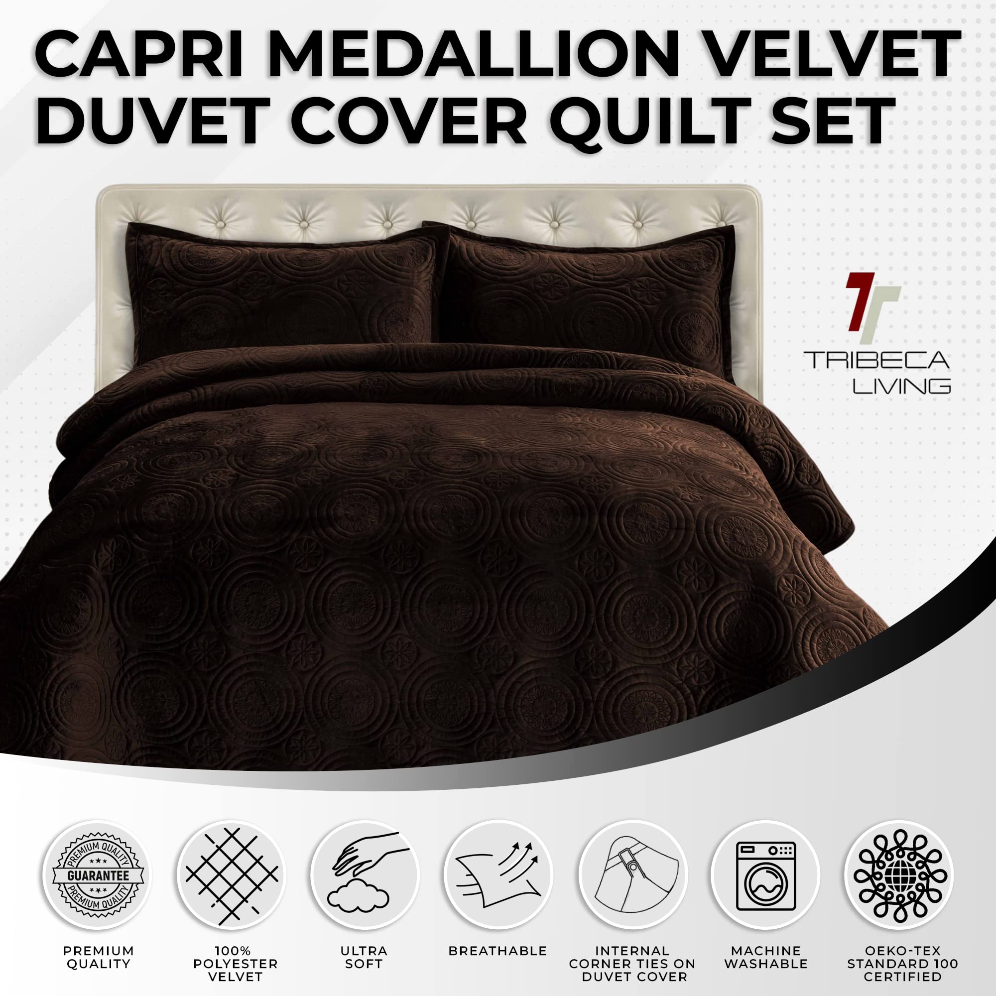 Tribeca Living Oversized Velvet Quilt Set - 2-Piece Twin Bedding with 260GSM Soft Quilted Velvet, Includes Quilt & Sham in Chocolate Brown | Cozy Luxury for Bedroom Decor & Guest Room Essentials