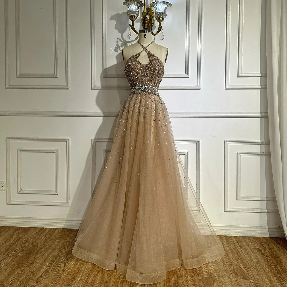 Luxury Dubai Saudi Arabic Caramel Halter Beaded Tulle A-Line Evening Gown LA72863 - Elegant Formal Dress for Weddings, Galas & Special Occasions