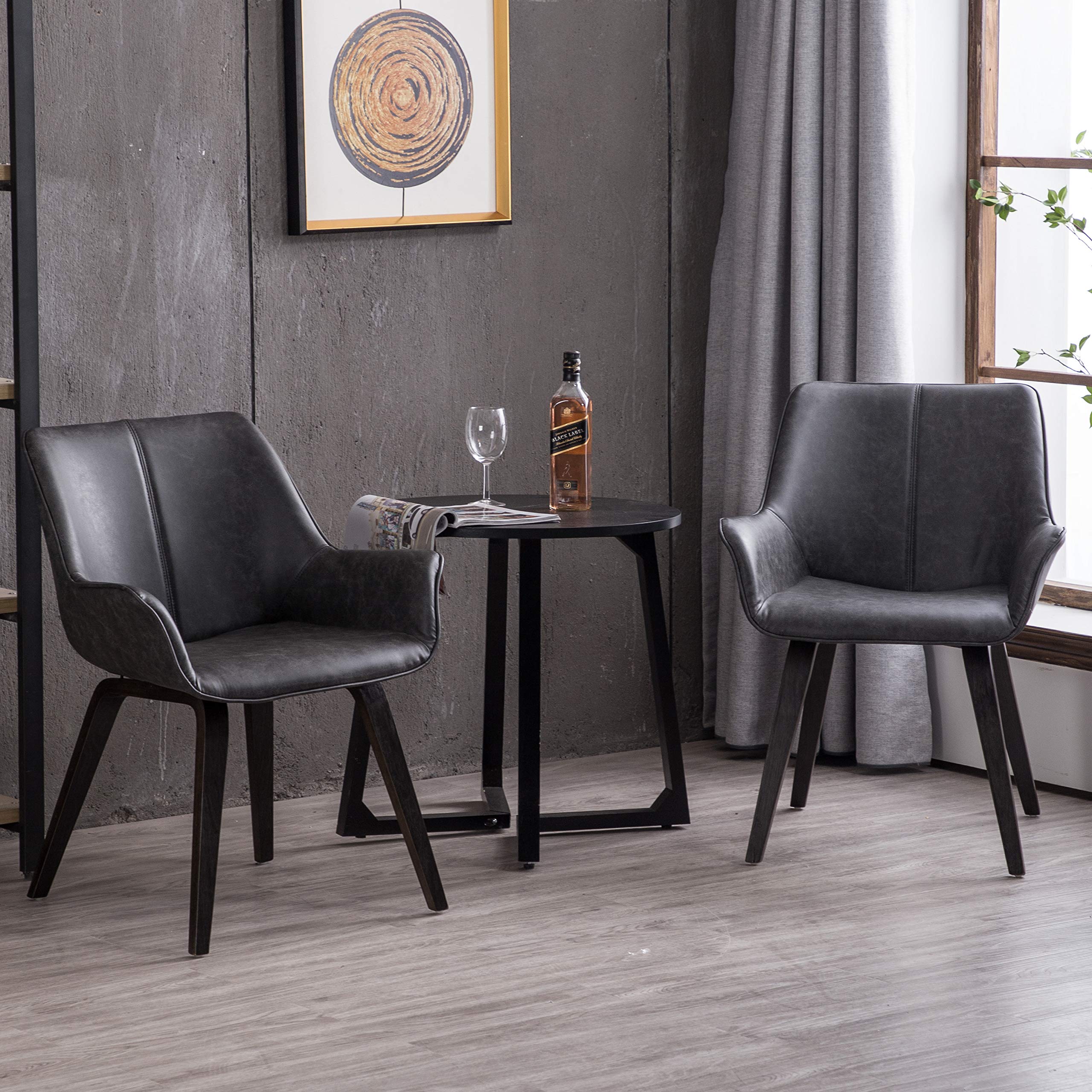 Modern Charcoal Faux Leather Dining Chairs - Set of 2 Upholstered Side Chairs for Living Room, Kitchen & Dining Room - Comfortable Seating for Home & Office