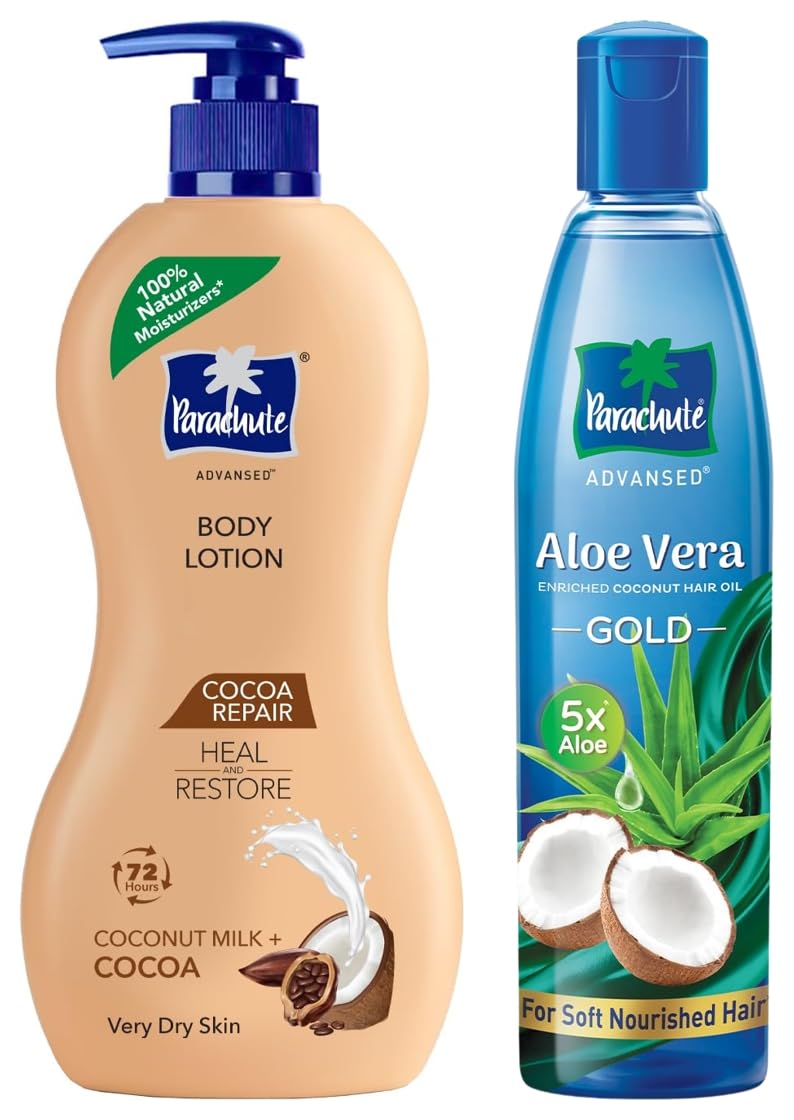 Parachute Advanced Cocoa Repair Body Lotion - Intense Moisture for Dry Skin, 400ml & Parachute Advanced Aloe Vera Enriched Coconut Hair Oil Gold - 5X Aloe Vera with Coconut Oil for Super Soft Hair, 400ml | Perfect for Daily Hydration & Hair Care Routine