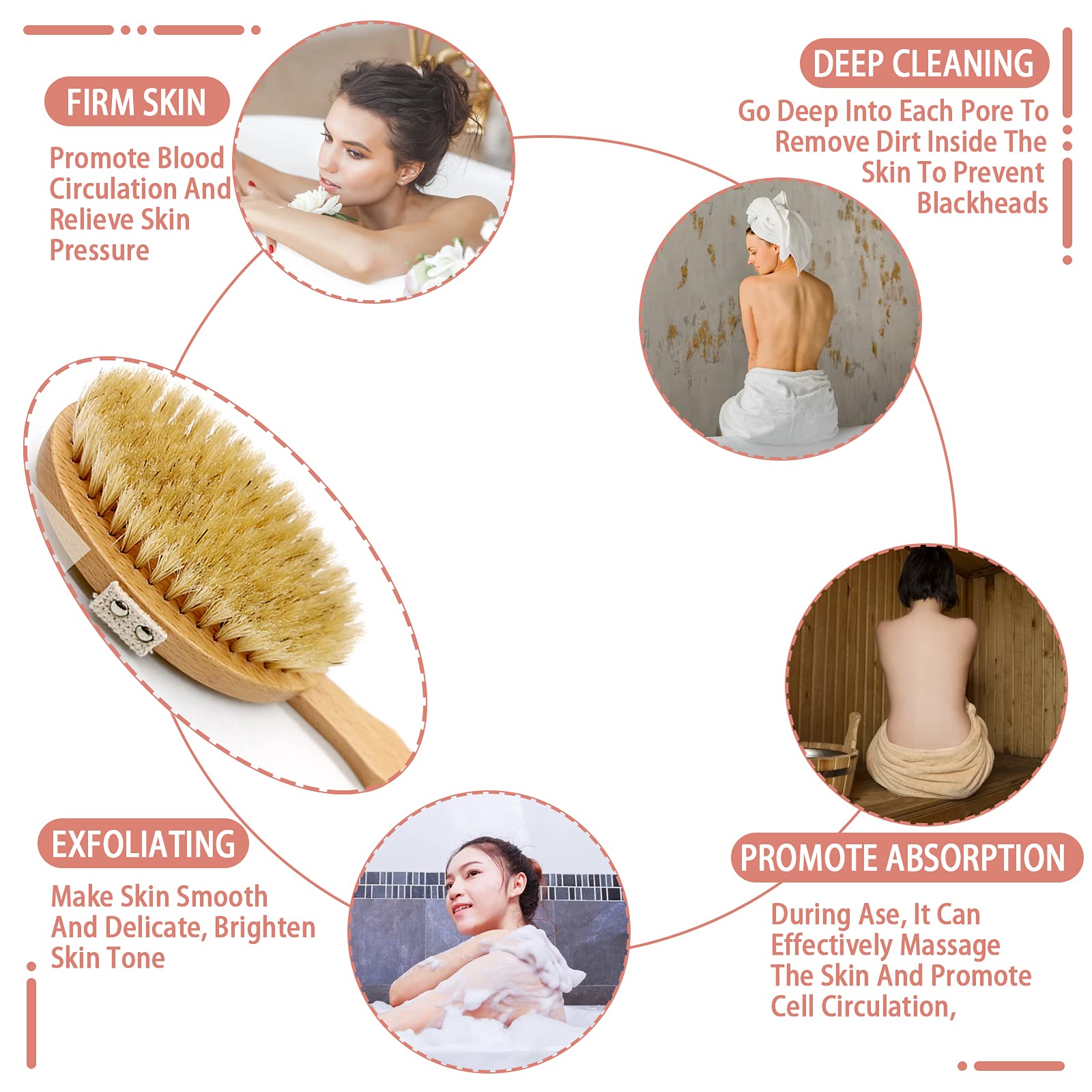 Long Handle Body Brush with Detachable Heads - Natural Bristles Back Scrubber & Exfoliating Shower Brush - Wooden Handle for Easy Skin Cleansing - Perfect for Spa, Dry Brushing & Shower Exfoliation