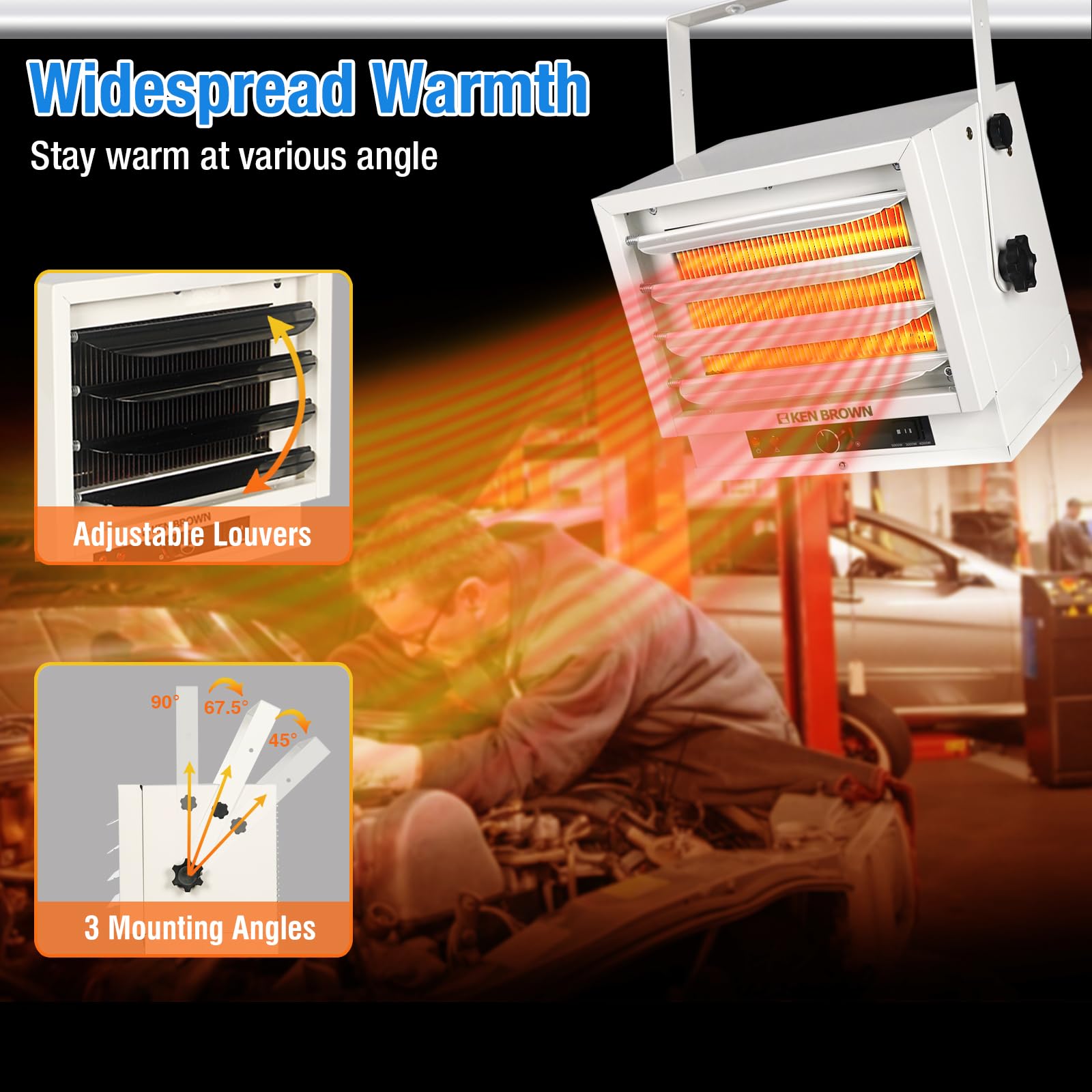 KEN BROWN 3000W/4000W/5000W Electric Garage Heater - 240V Hardwired Ceiling Mount Shop Heater with Fan Forced Heating, 3 Heat Levels & Thermostat - Perfect for Garage, Workshop, Warehouse, Greenhouse, Basement & Large Spaces