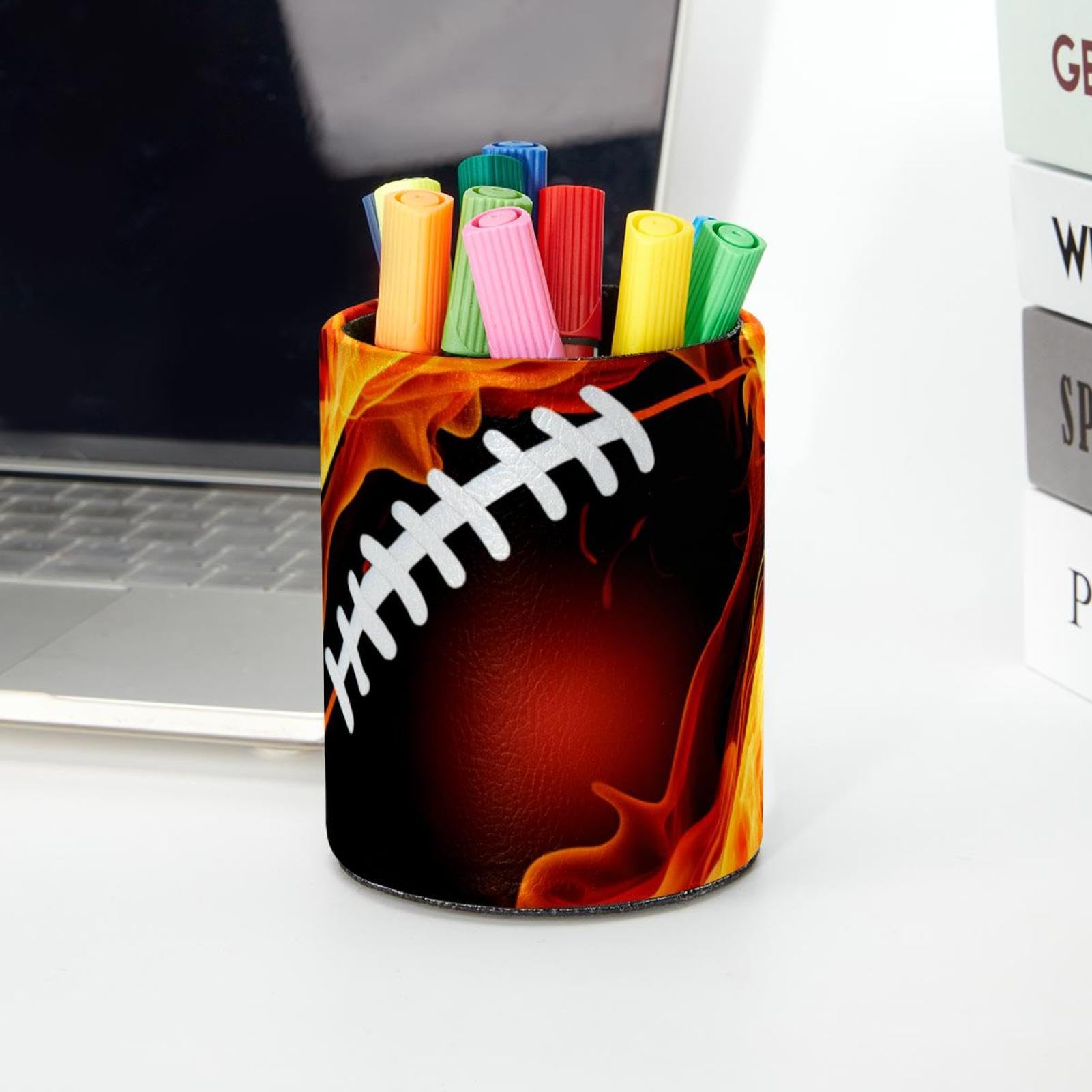 Desk Pen Holder & Pencil Organizer - American Football Themed Fire Design Office Supplies for Home, School, or Workplace Organization