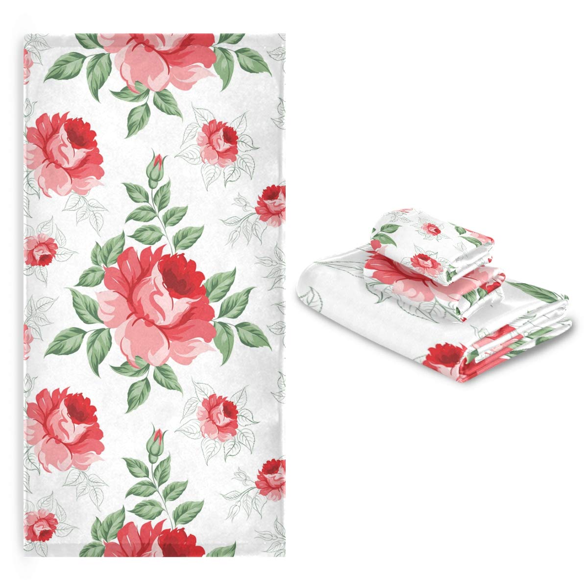 Susiyo 3-Piece Bath Towel Set - Ultra Soft & Highly Absorbent Bathroom Towels with Elegant Red Rose Floral Design - Includes 1 Bath Towel, 1 Hand Towel & 1 Washcloth - Perfect for Spa, Guest Bathroom & Luxury Home Decor