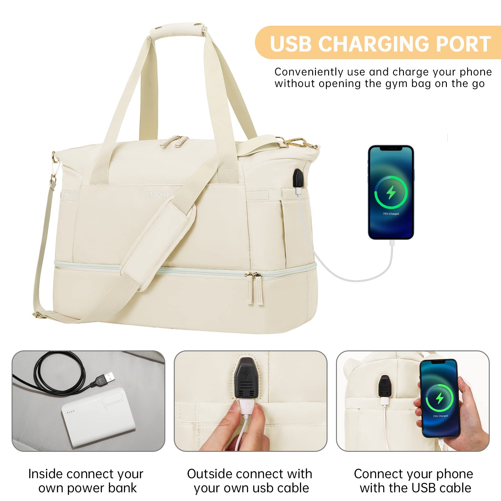 **Women's Large Weekender Bag with Shoe Compartment & USB Charging Port - Gym, Travel, Overnight Duffel & Hospital Bag with Wet Pocket (Off White) - Perfect for Weekend Getaways, Workouts & Business Trips**