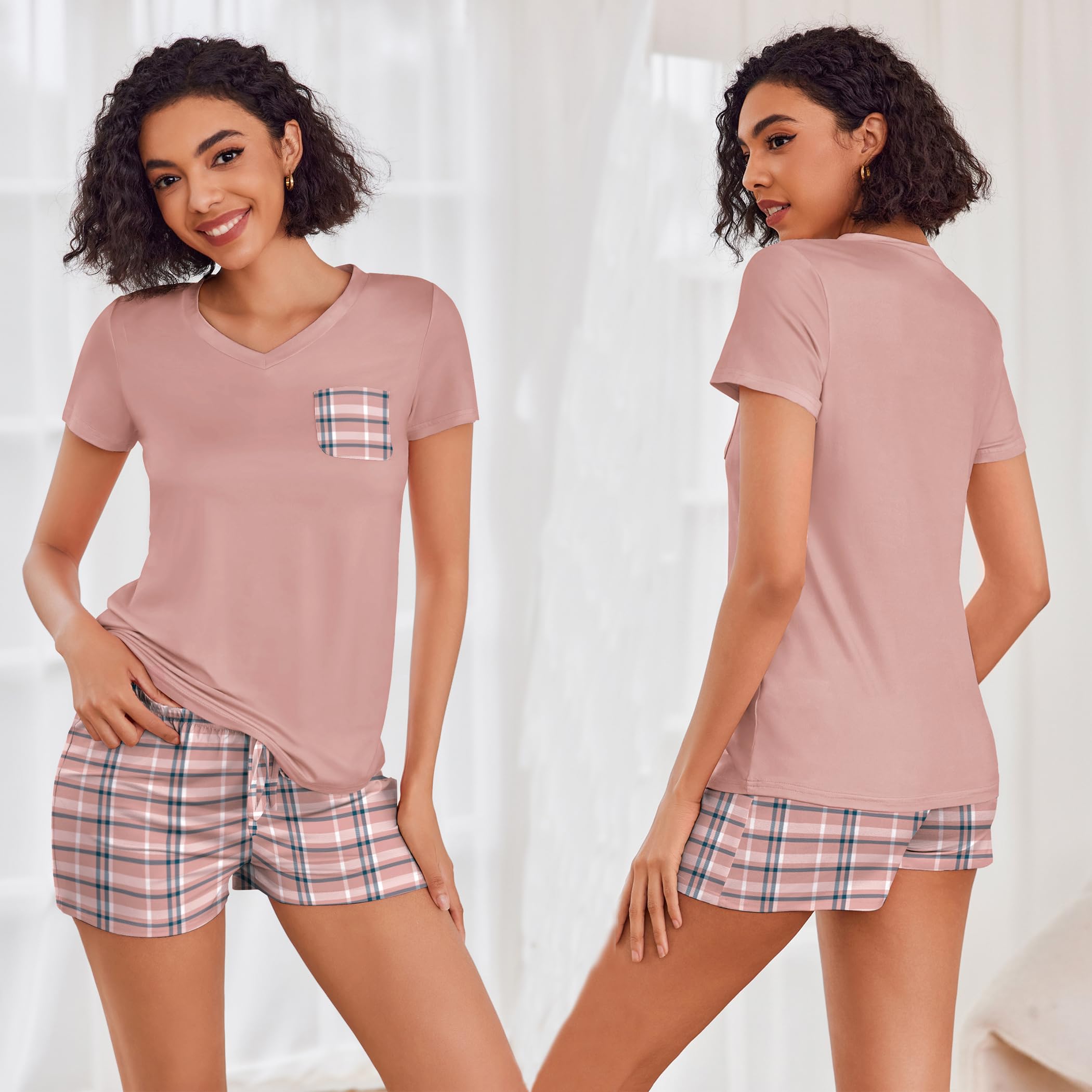 Ekouaer Women's Pajama Sets - Soft Short Sleeve Sleepwear with V-Neck, Comfortable Lounge PJS for Women | Perfect for Sleeping, Lounging & Relaxing at Home