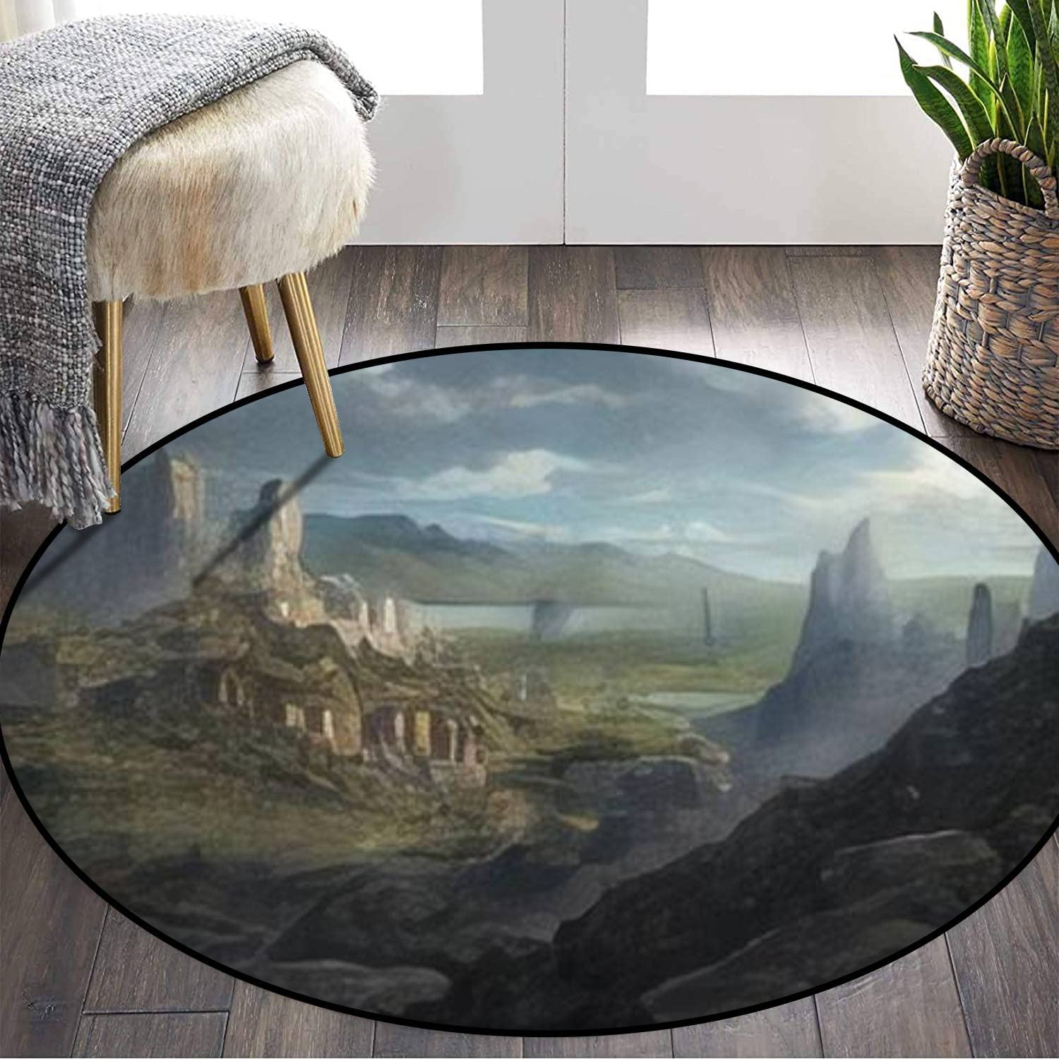 Medieval Castle Cliff Landscape Round Area Rug - 3FT Non-Skid Soft Carpet for Kids Room, Living Room, Bedroom & Office Decor | Fantasy Themed Throw Rug for Boys & Girls | Perfect for Game Rooms, Dorm Decor and Cozy Home Spaces
