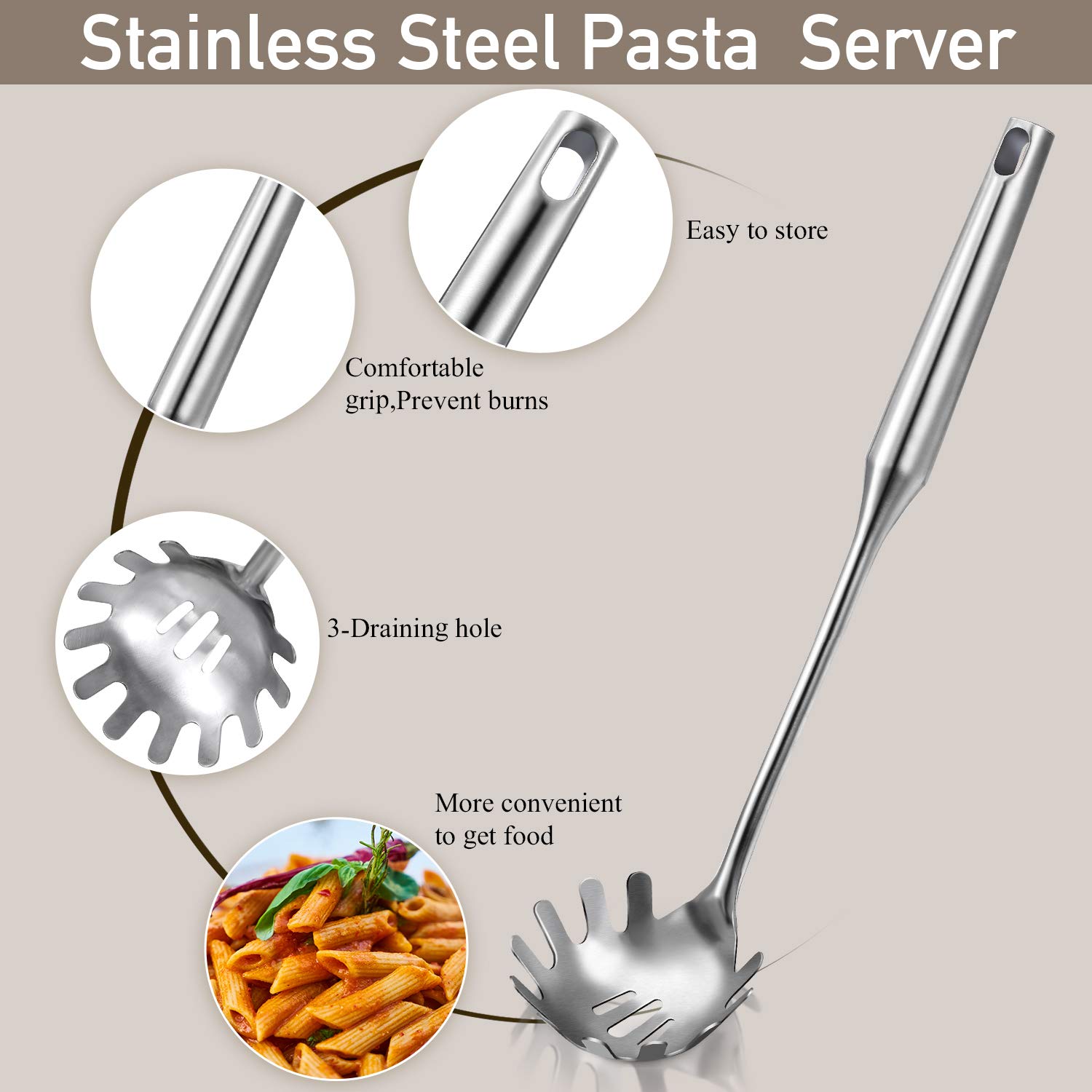 Patelai 2-Piece Stainless Steel Pasta Spoon Set - 9.4'' Slotted Spoon & 13.6'' Pasta Fork with Ergonomic Vacuum Handle - Premium Kitchen Utensils for Spaghetti, Lasagna & Pasta Dishes - Perfect for Cooking, Serving & Entertaining (Silver)