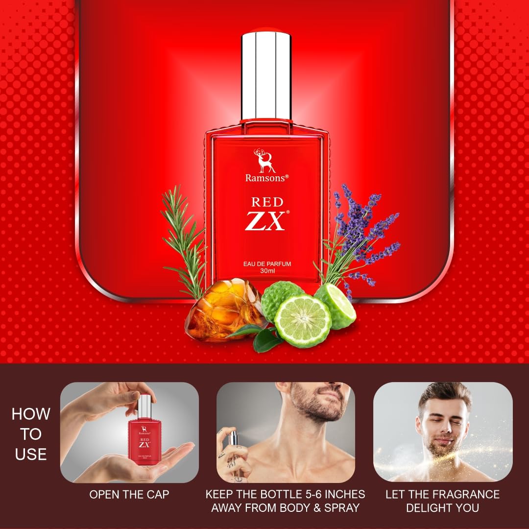 Ramsons RED ZX Eau De Parfum for Men - 30ml | Fresh Citrus & Spicy Fragrance with Bergamot, Lemon, Lavender, Rosemary, Basil, Carnation, Jasmine, Geranium, Musk, Amber, Cedar | Perfect for Daily Wear, Office & Special Occasions