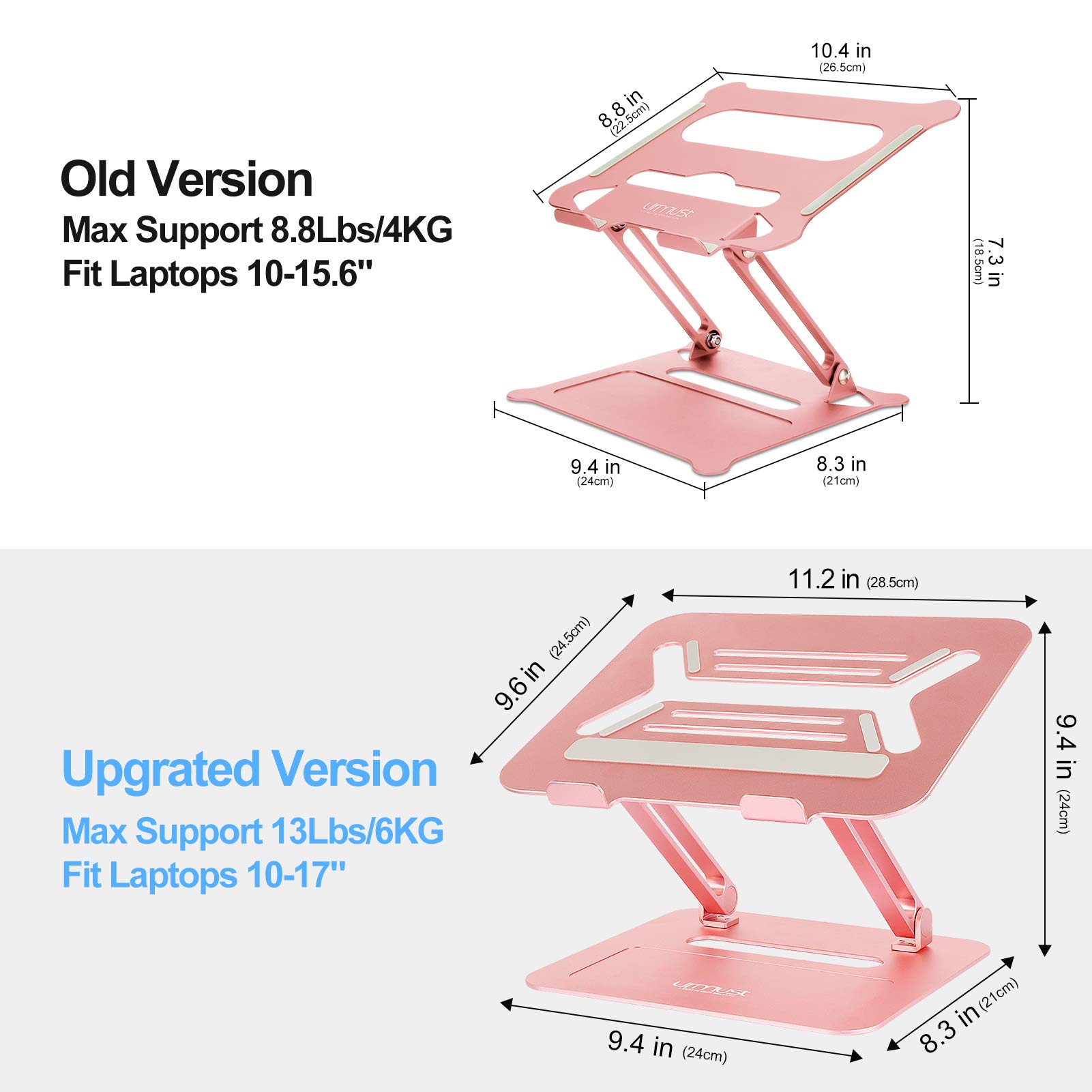 Urmust Adjustable Aluminum Laptop Stand for Desk - Rose Gold Laptop Riser Holder Compatible with MacBook Air Pro, Ultrabooks & All 11-17 Inch Laptops, Perfect for Home Office, Gaming & Study