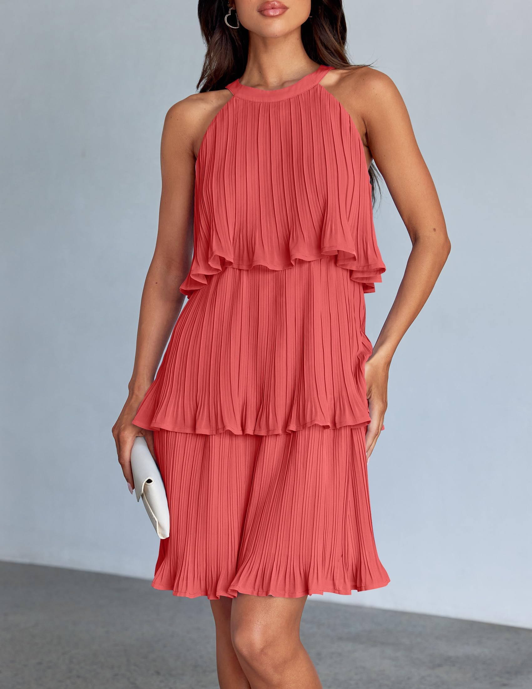 ZESICA Women's 2025 Summer Halter Dress - Sleeveless Ruffle Tiered Chiffon Pleated A-Line Swing Mini Dress for Beach, Vacation & Party Wear