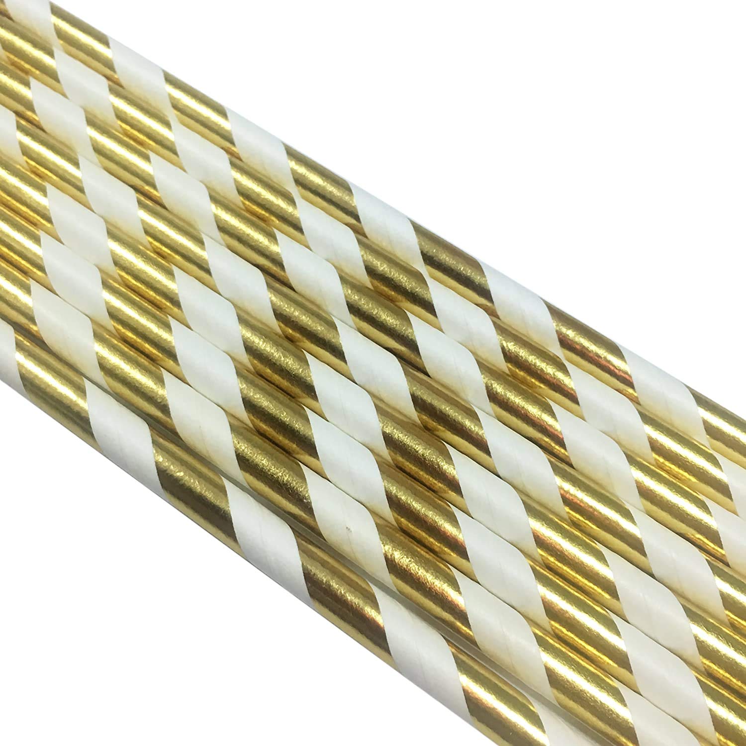 Eco-Friendly Gold Striped Paper Straws - 100% Biodegradable Drinking Straws for Cocktails, Juice & Smoothies | Perfect for Parties, Weddings & Home Decor (Pack of 100)