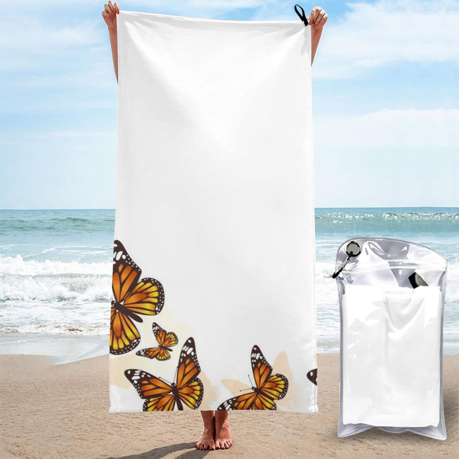 Quick Dry Microfiber Beach Towel - Orange Butterfly Sand Free Towel with Pocket for Women & Men | Lightweight Travel Towel for Swimming, Gym, Pool, Beach & Outdoor Activities