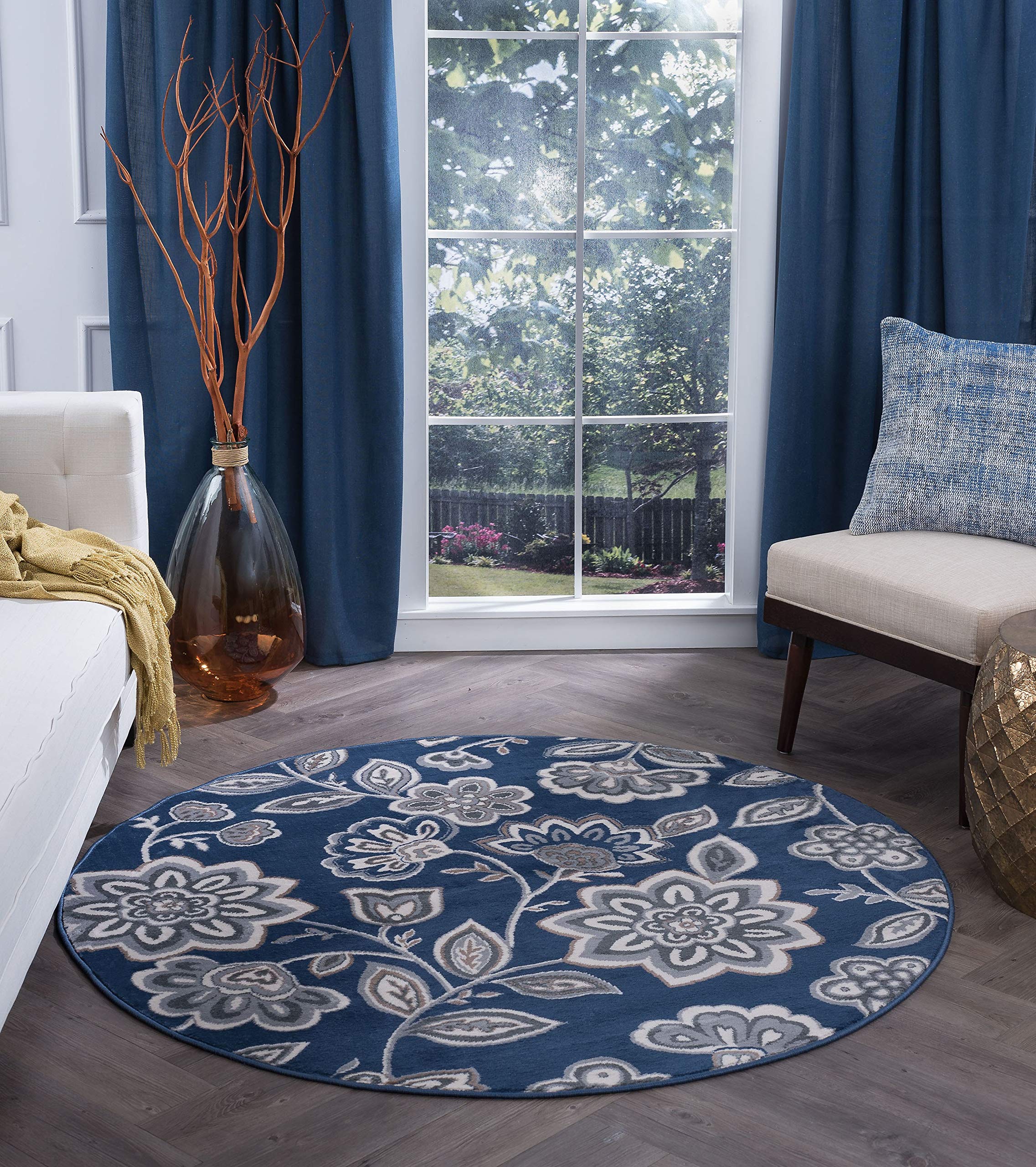Navy Blue 8ft Round Modern Area Rug - Soft Indoor Carpet for Living Room, Bedroom, Dining Room & Entryway - Contemporary Non-Slip Floor Mat - Perfect for Home Decor, Family Gatherings and Cozy Spaces