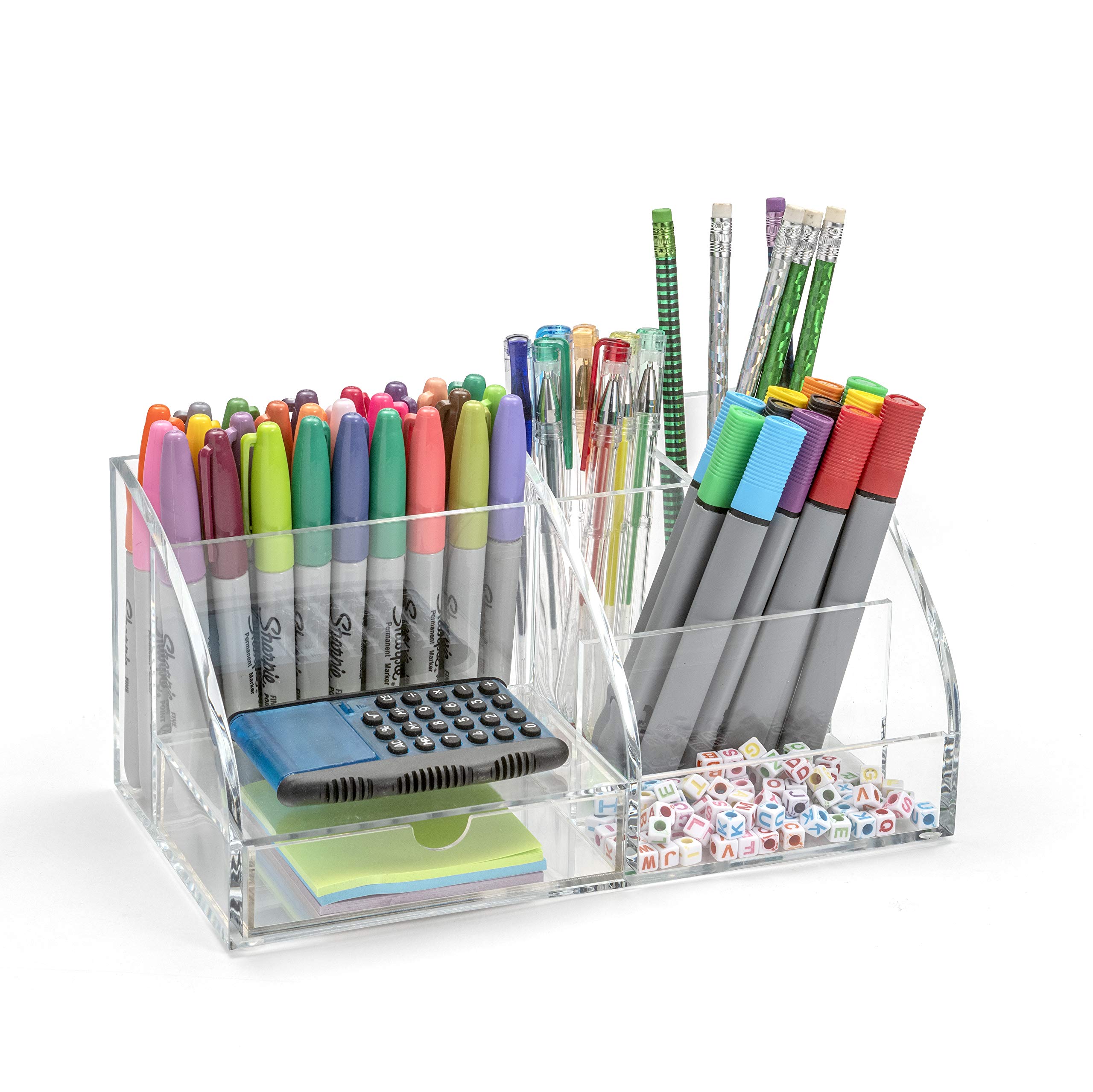 Clear Acrylic Desk Organizer with 7 Compartments & Pull-Out Drawer - Perfect for Office Supplies, Makeup & Cosmetics Storage (12