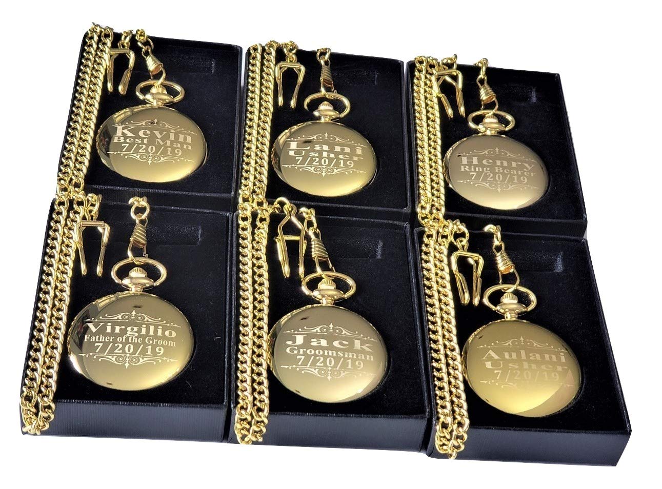 6 Custom Engraved Pocket Watches for Wedding - Personalized Groomsmen Gifts with Chain & Gift Box - Free Engraving - Perfect for Weddings, Anniversaries & Special Occasions
