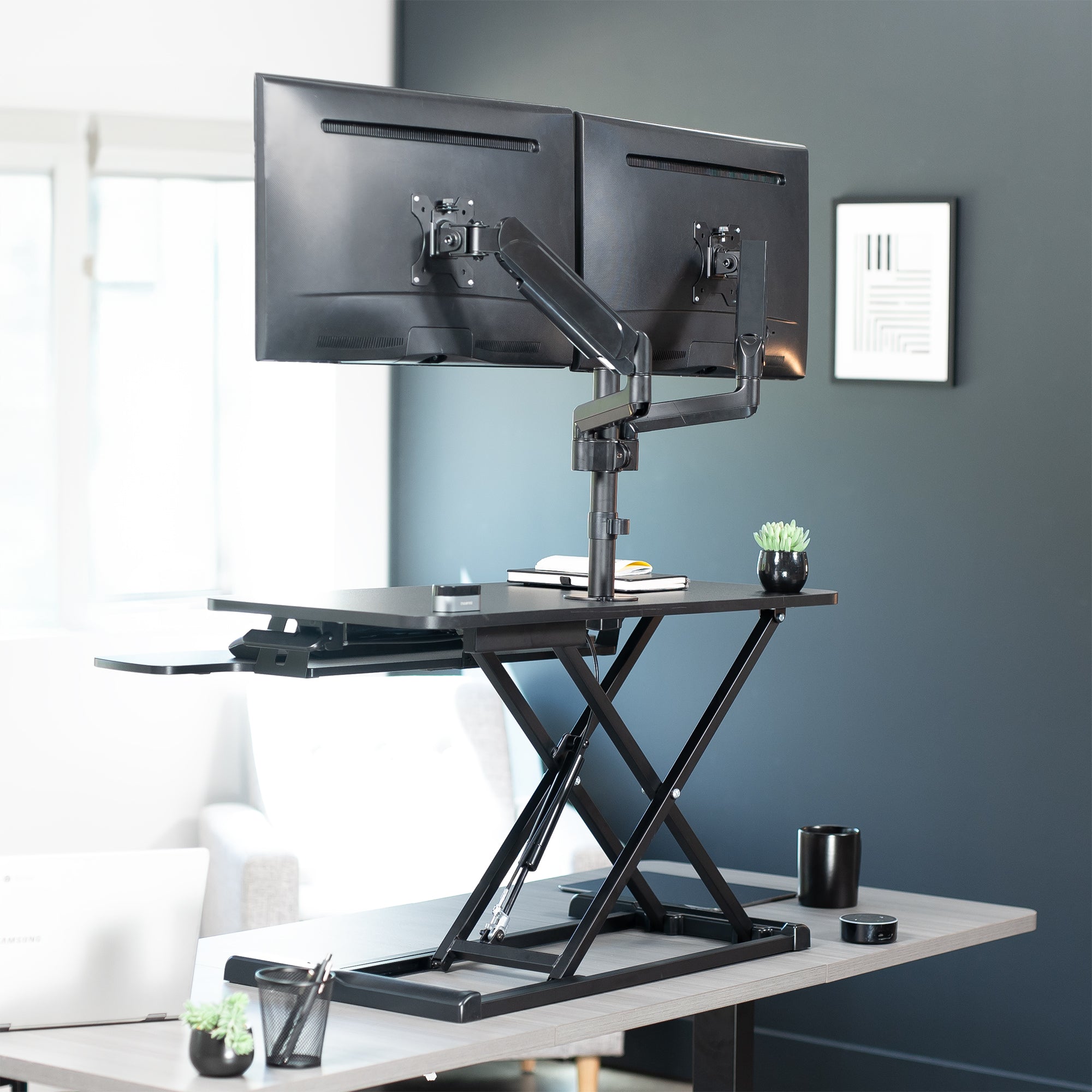 Adjustable Black Desk Riser with Pneumatic Dual Monitor Stand - Ergonomic Workspace Organizer for Home Office & Gaming Setup