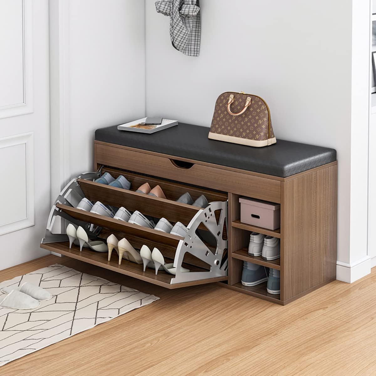 3-Tier Shoe Storage Bench with Sitting Stool - Entryway Shoe Cabinet & Organizer for Home, Apartment | Perfect for Small Spaces, Hallway, Mudroom & Closet Organization