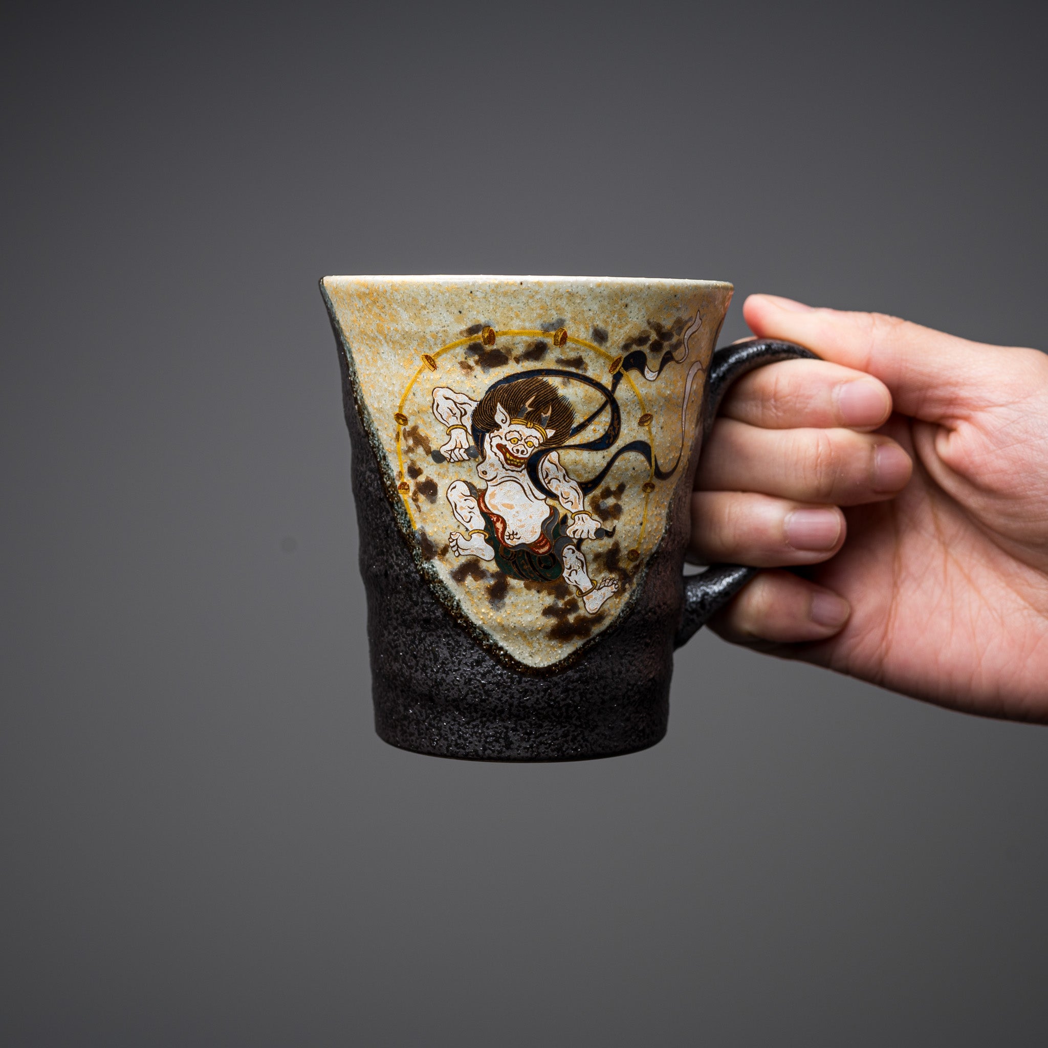 Kutani Ware Fujin Raijin Pair Mugs - Handmade Japanese Porcelain Tea Cups - Traditional Wind God Thunder God Design - Perfect for Tea Ceremonies & Home Decor