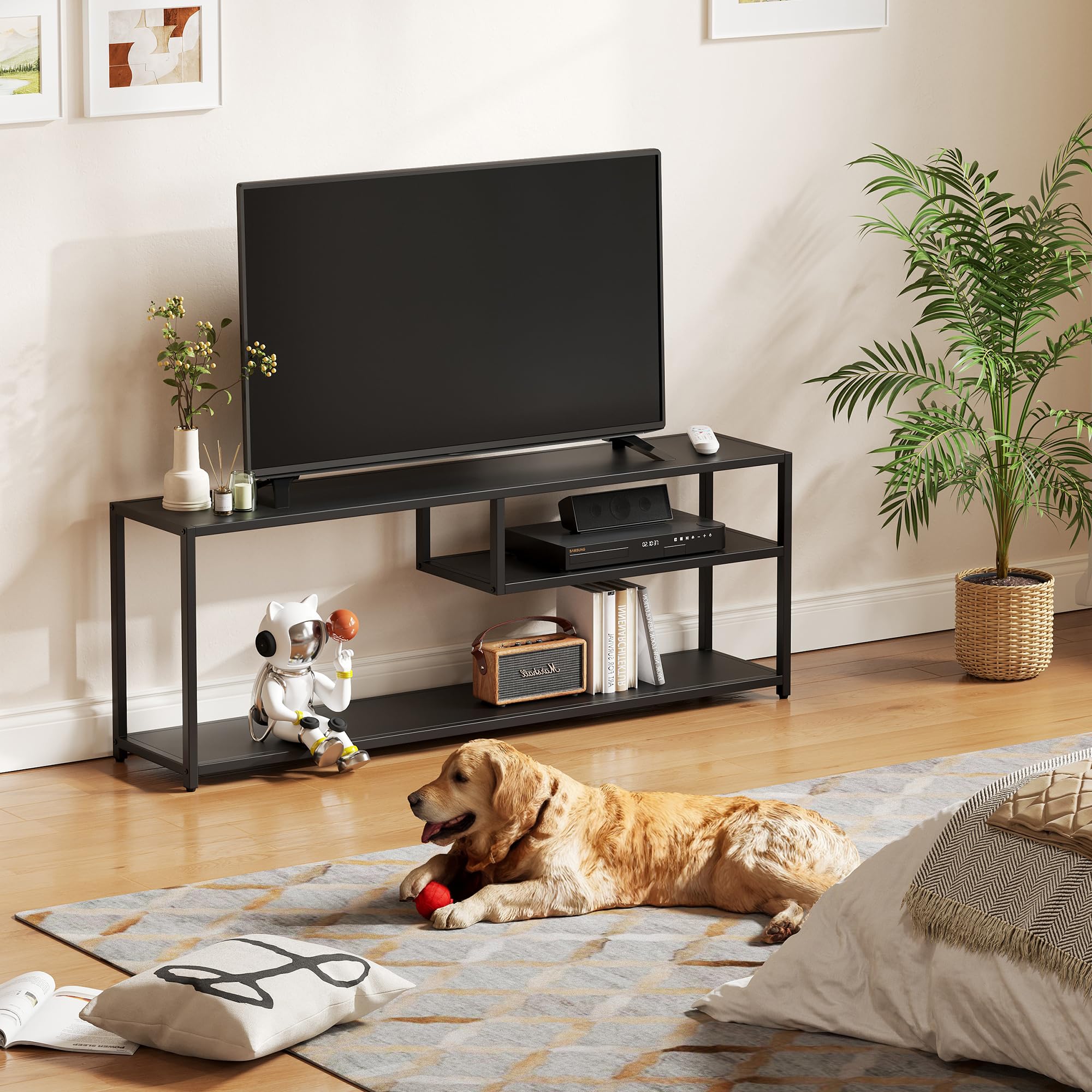 Modern TV Stand for 55 Inch TVs with Storage Shelves - Sturdy Metal Frame Entertainment Center - TV Console Table for Living Room & Bedroom (Black) - Perfect for Home Theater Setup & Space Saving Storage